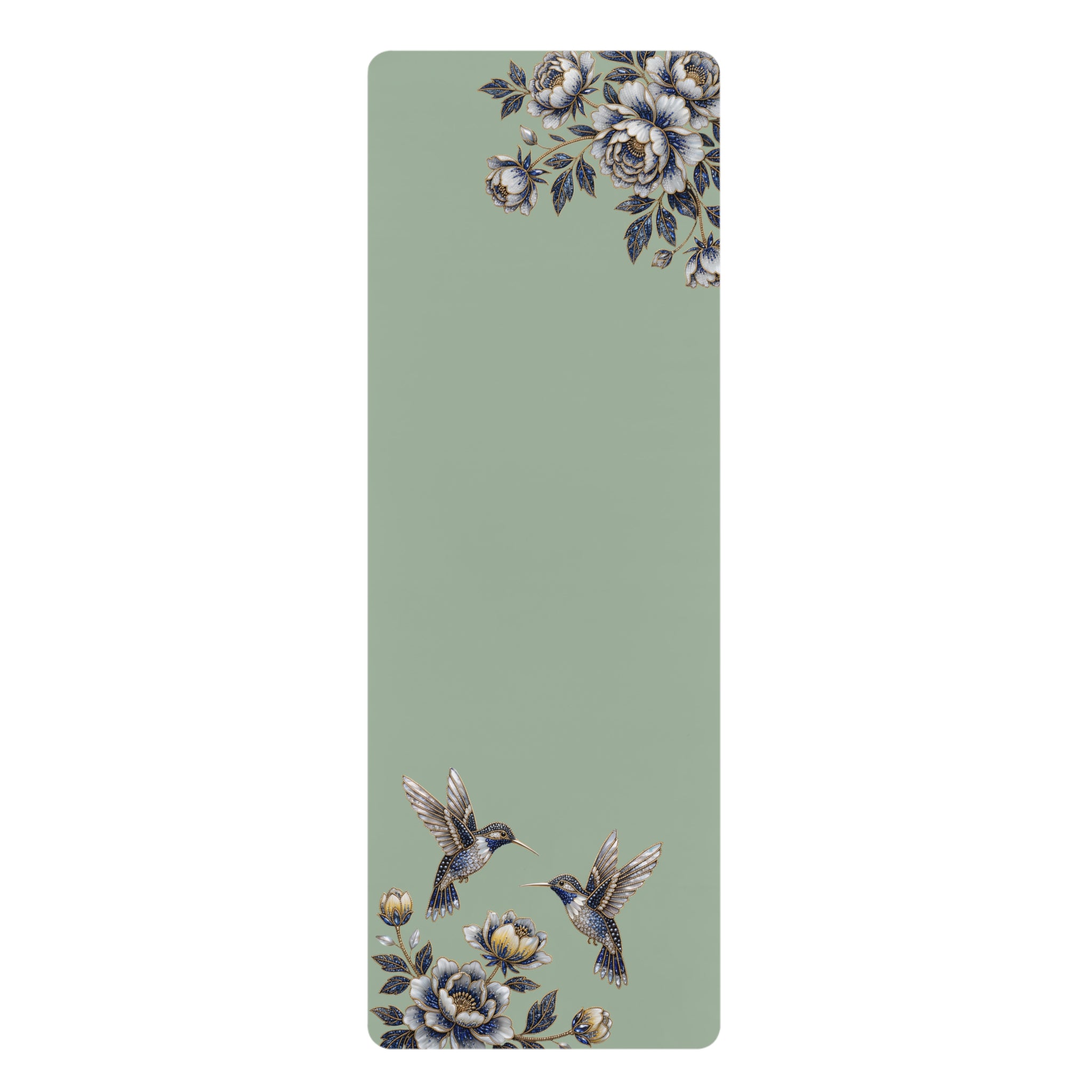 Floral Hummingbird Rubber Yoga Mat | Non-Slip Yoga Mat with Gold Accent | Sage Green