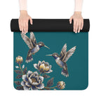 Floral Hummingbird Rubber Yoga Mat | Non-Slip Yoga Mat with Gold Accent | Transformative Teal