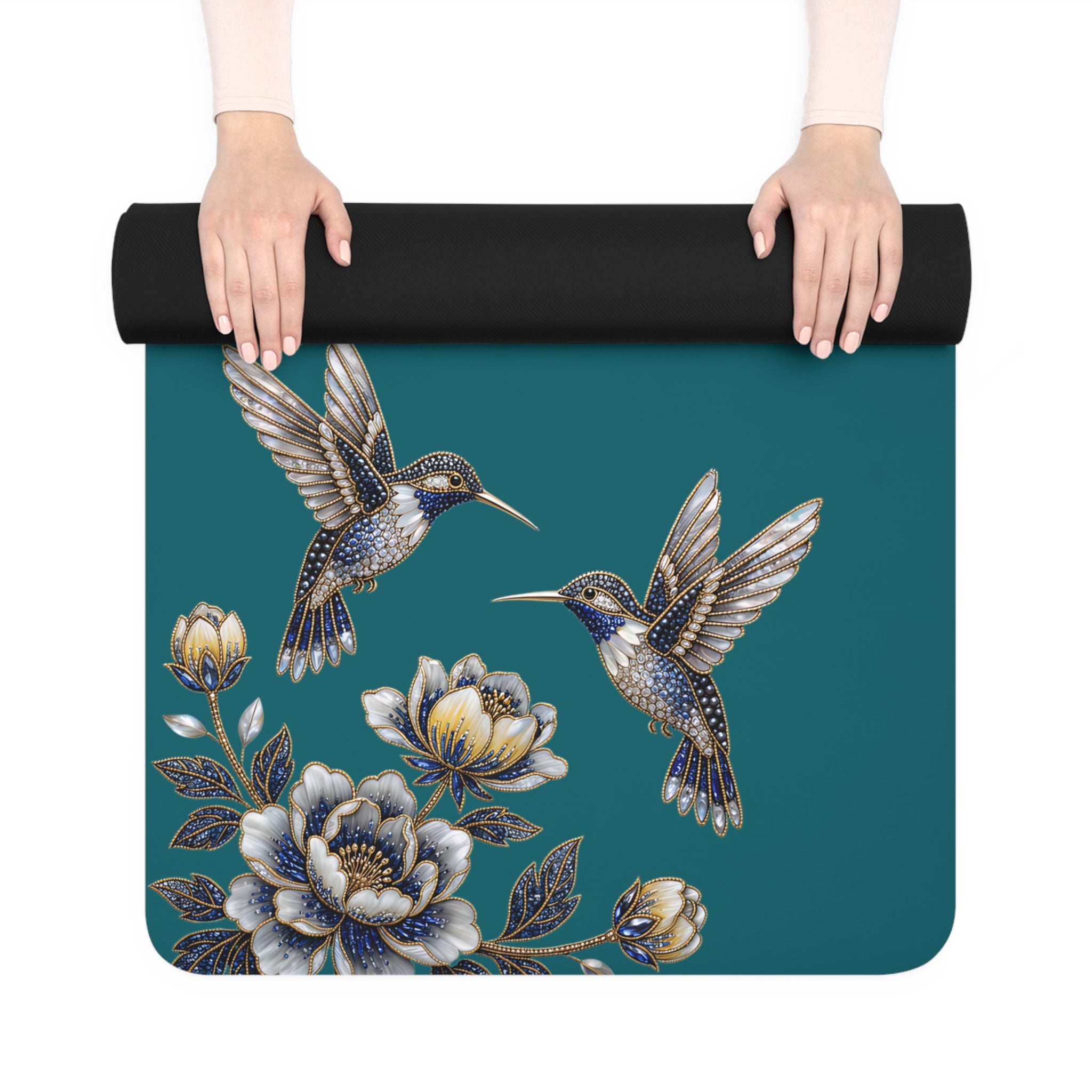 Floral Hummingbird Rubber Yoga Mat | Non-Slip Yoga Mat with Gold Accent | Transformative Teal