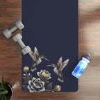 Floral Hummingbird Rubber Yoga Mat | Non-Slip Yoga Mat with Gold Accent | Midnight Navy