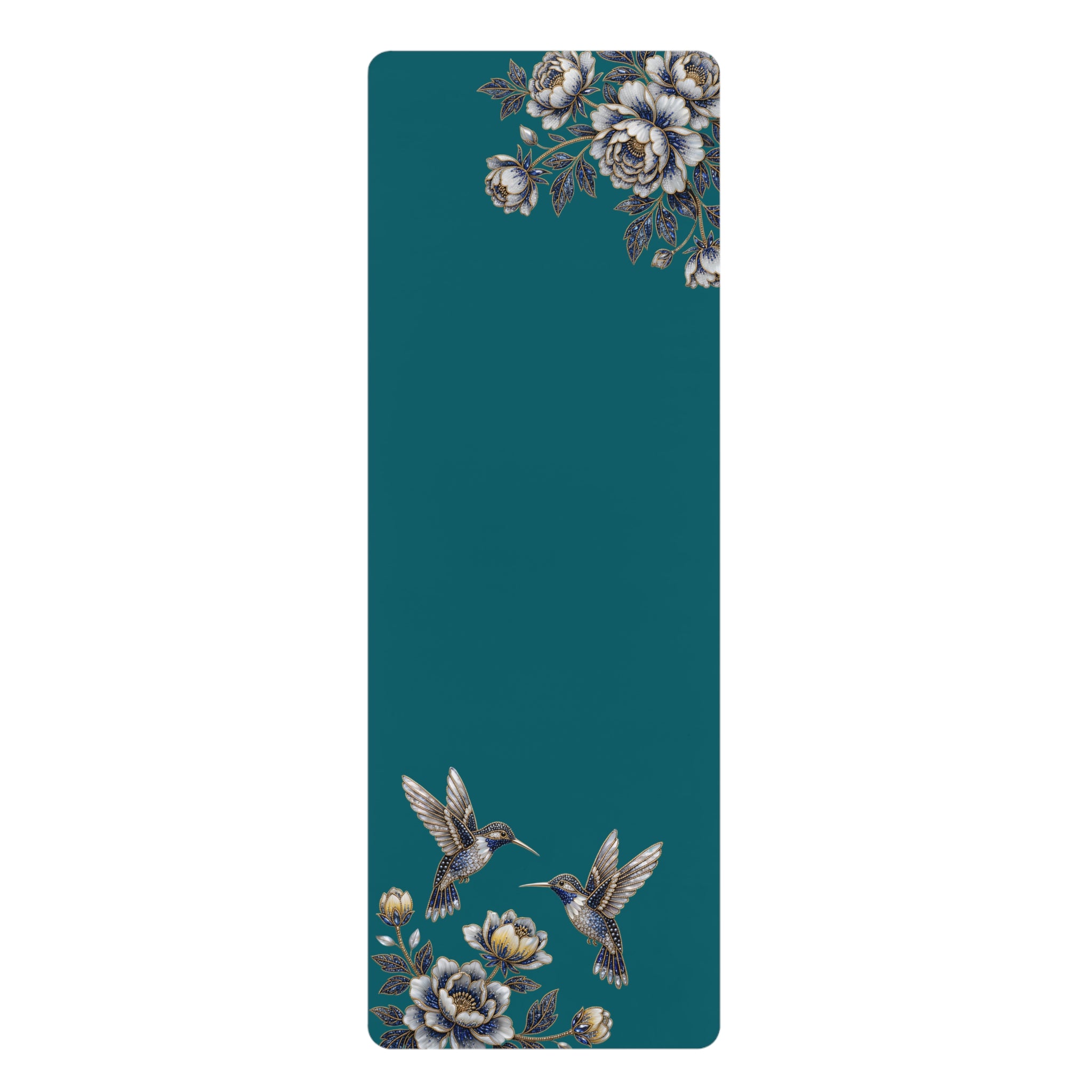 Floral Hummingbird Rubber Yoga Mat | Non-Slip Yoga Mat with Gold Accent | Transformative Teal