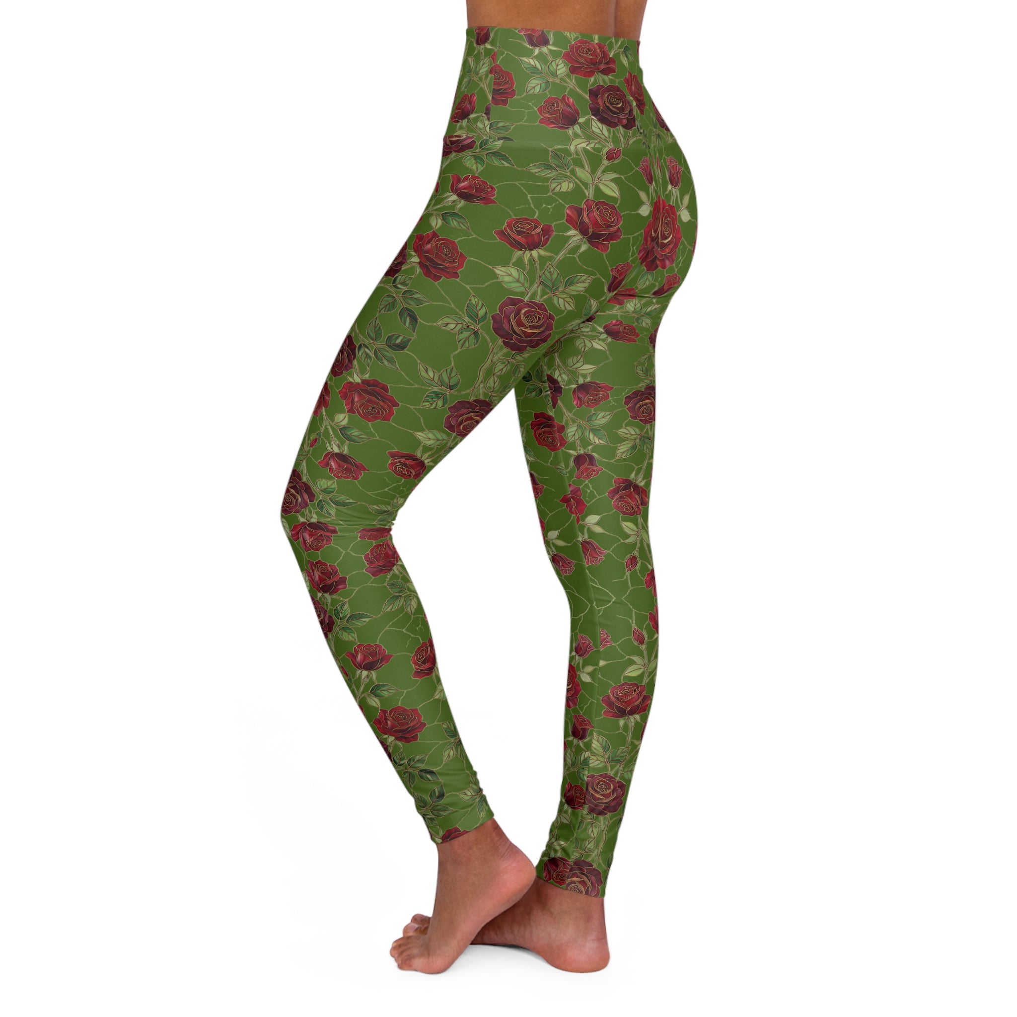 High-Waist Floral Yoga Leggings | Vintage Rose AOP | Deep Olive
