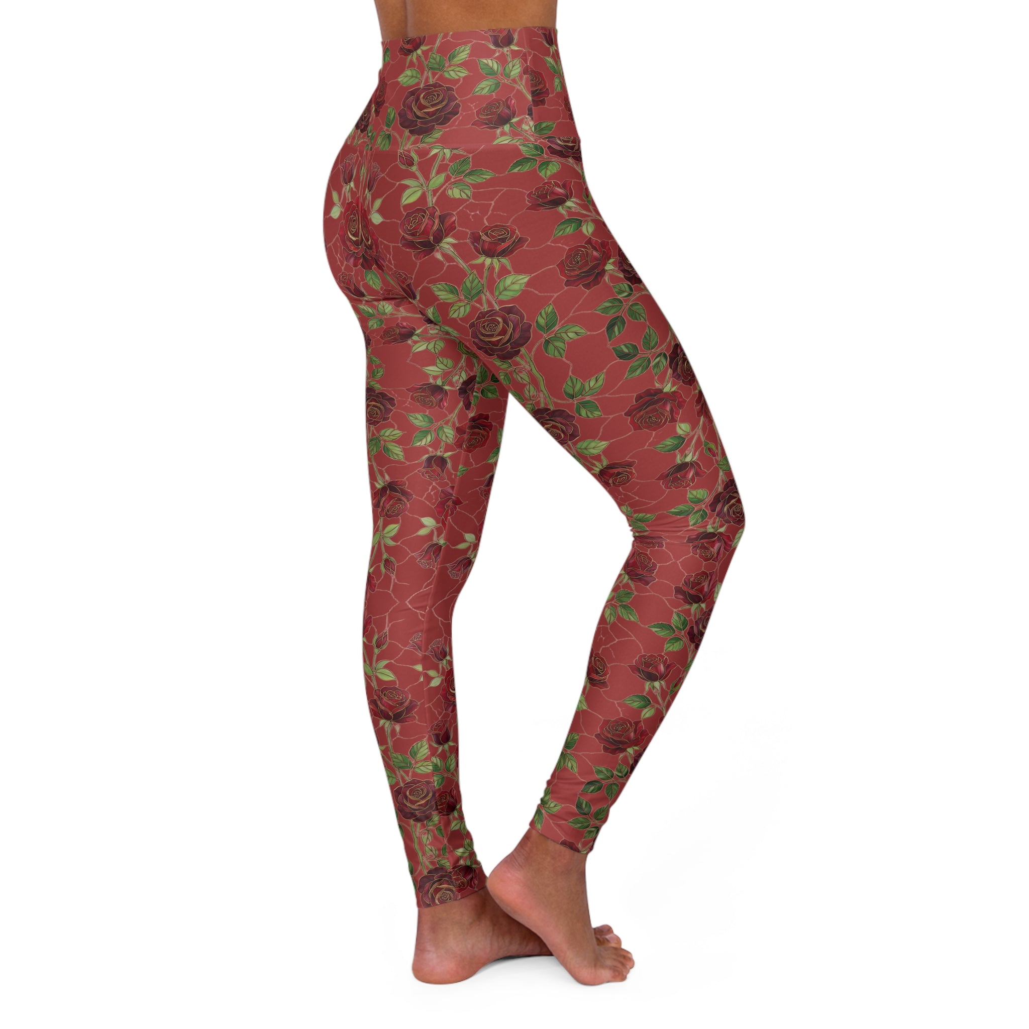 High-Waist Floral Yoga Leggings | Vintage Rose AOP | Deep Red