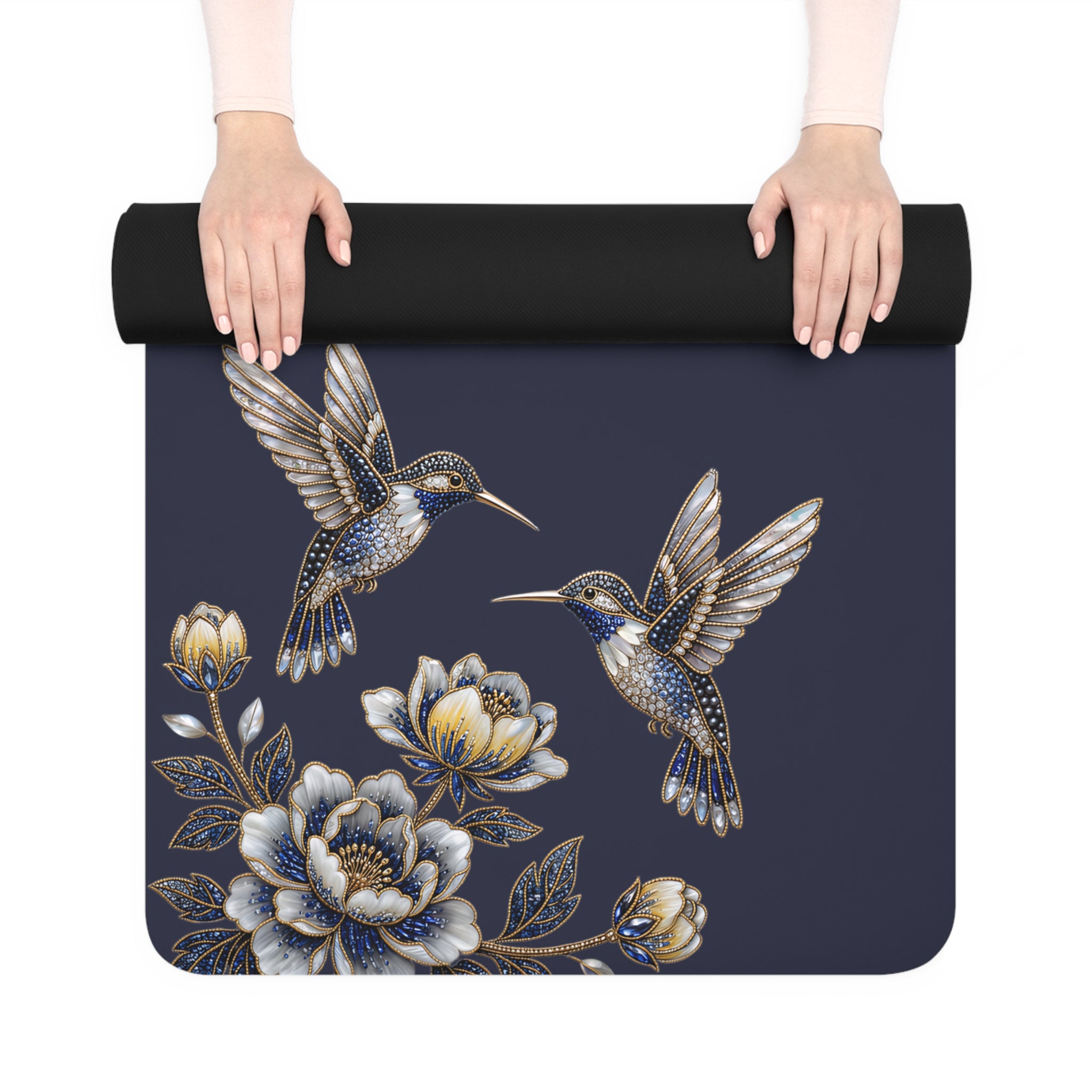 Floral Hummingbird Rubber Yoga Mat | Non-Slip Yoga Mat with Gold Accent | Midnight Navy