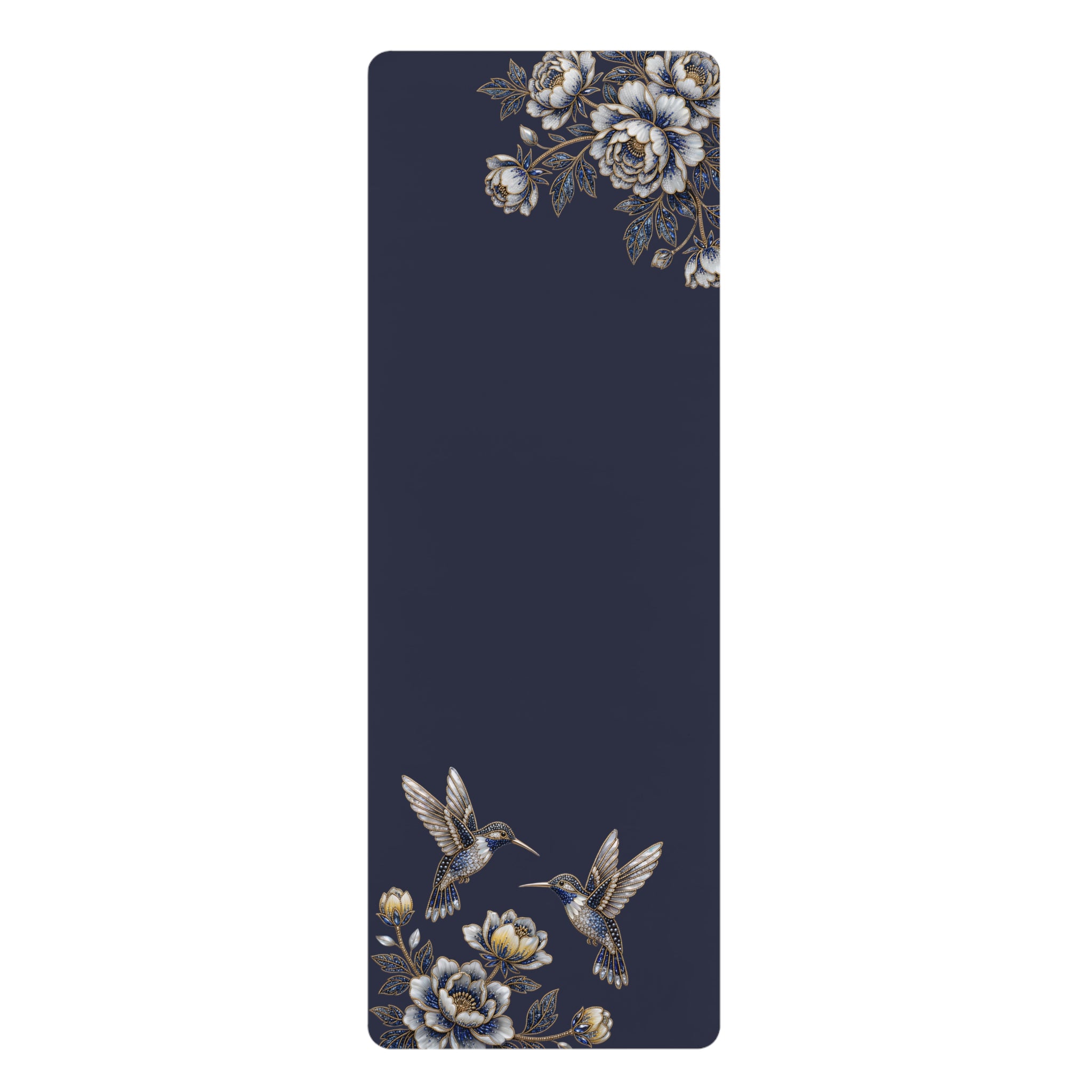 Floral Hummingbird Rubber Yoga Mat | Non-Slip Yoga Mat with Gold Accent | Midnight Navy
