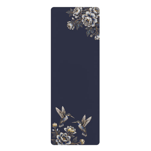 Floral Hummingbird Rubber Yoga Mat | Non-Slip Yoga Mat with Gold Accent | Midnight Navy