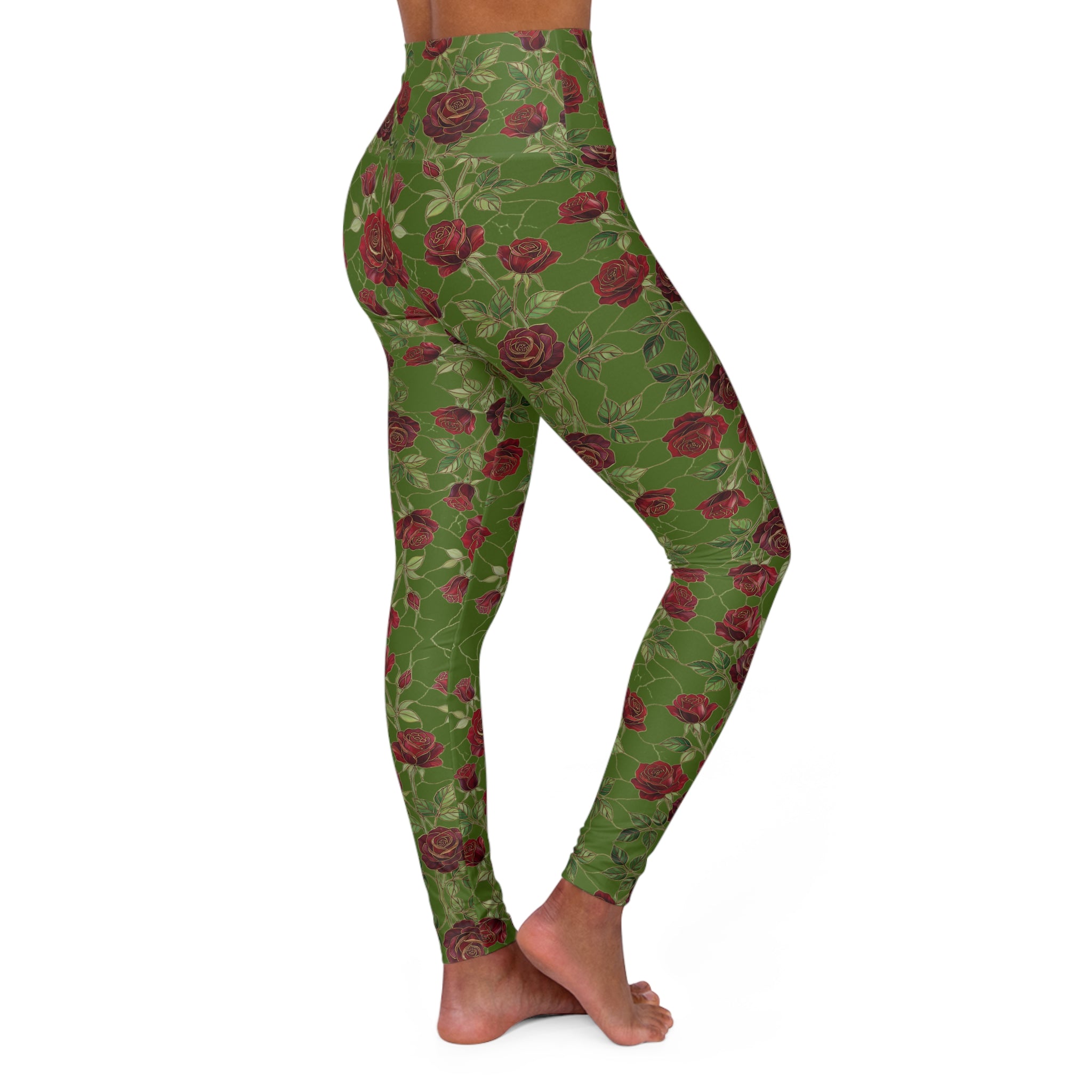 High-Waist Floral Yoga Leggings | Vintage Rose AOP | Deep Olive