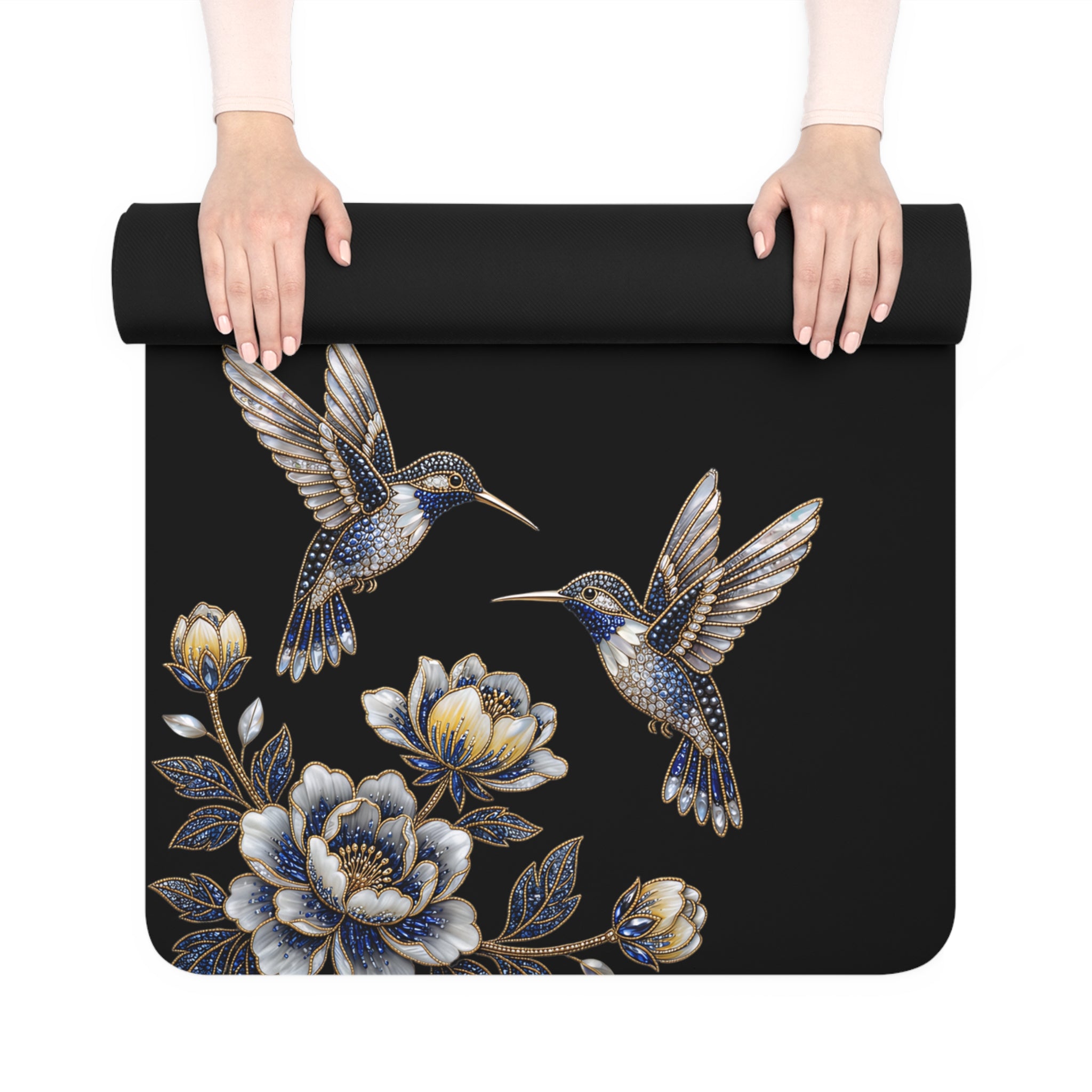 Floral Hummingbird Rubber Yoga Mat | Non-Slip Yoga Mat with Gold Accent | Black