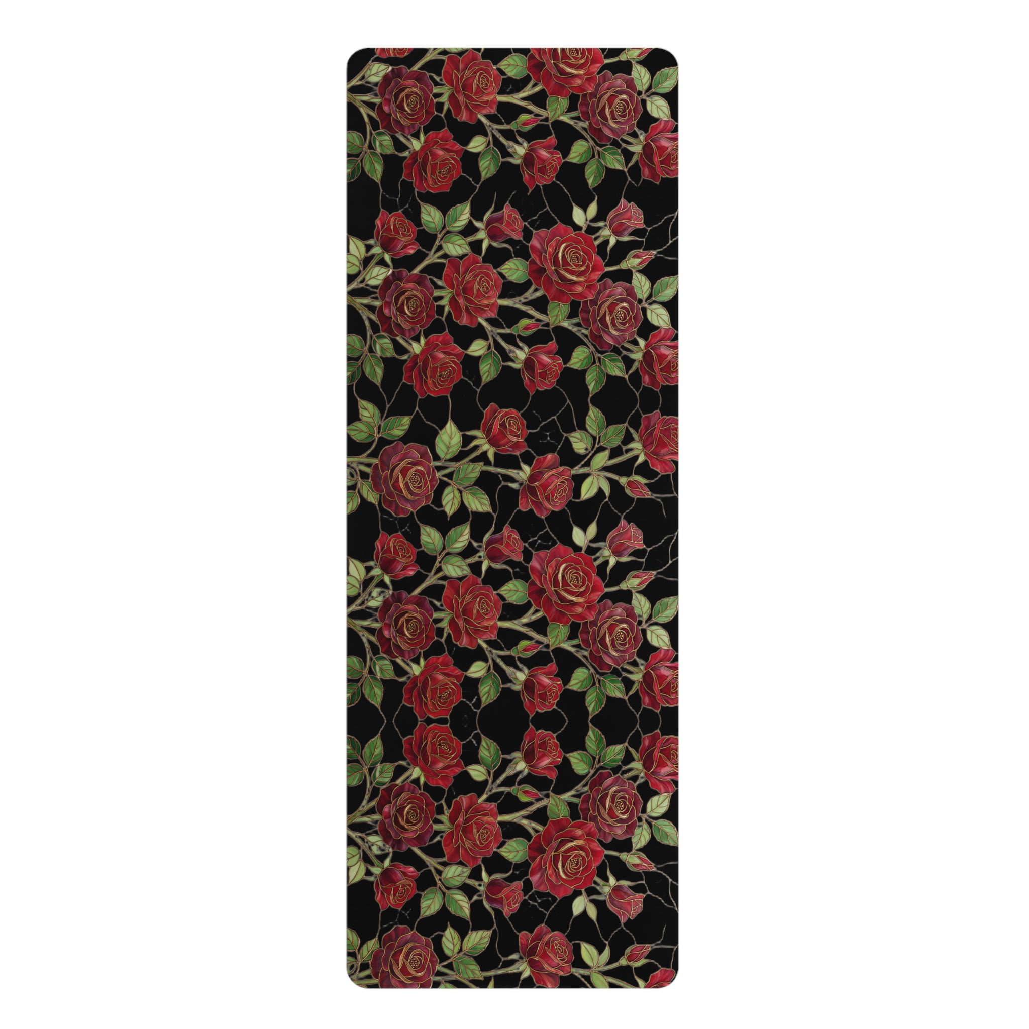 Floral Rose Rubber Yoga Mat | Non-Slip Garden-Inspired Exercise Mat | Black