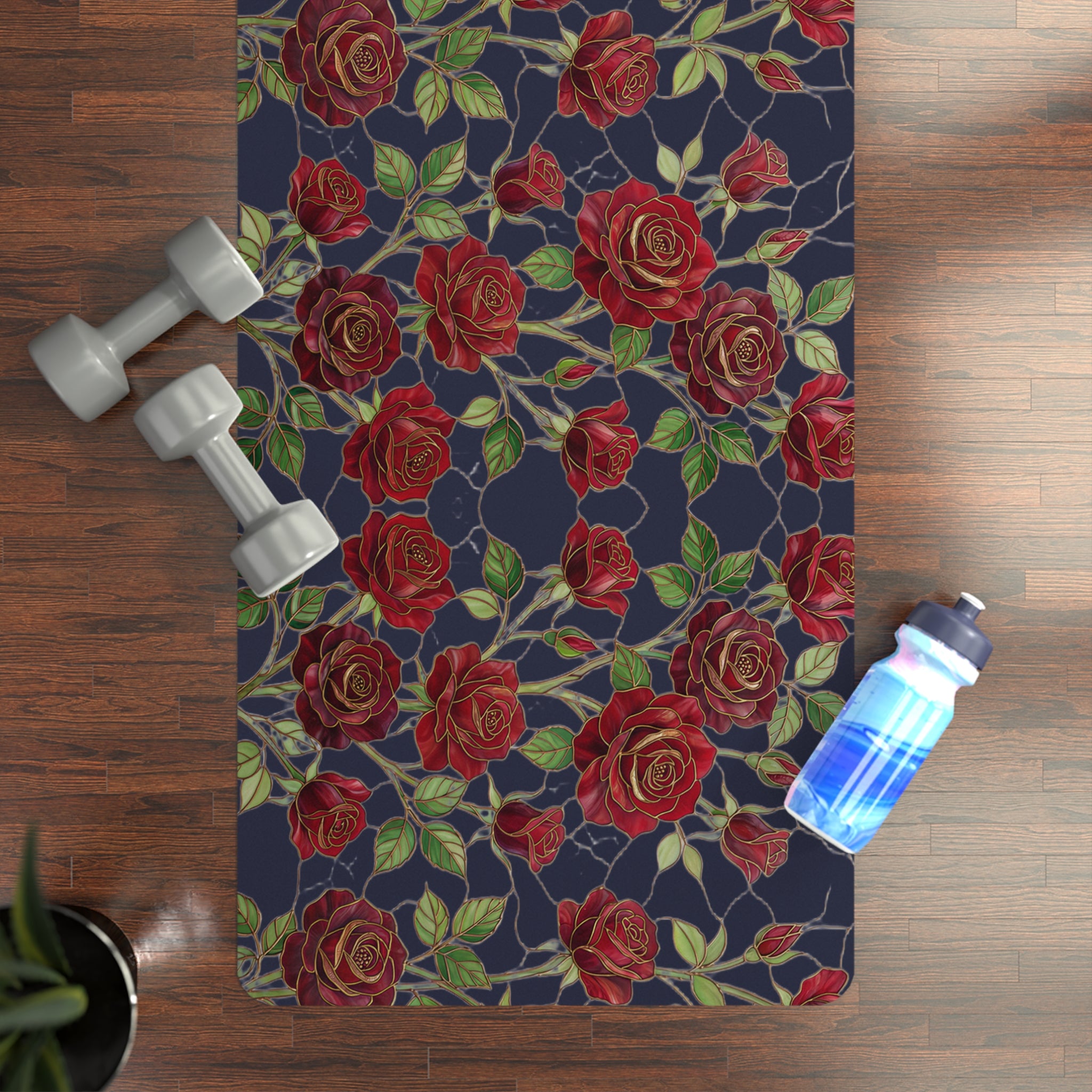 Floral Rose Rubber Yoga Mat | Non-Slip Garden-Inspired Exercise Mat | Midnight Navy