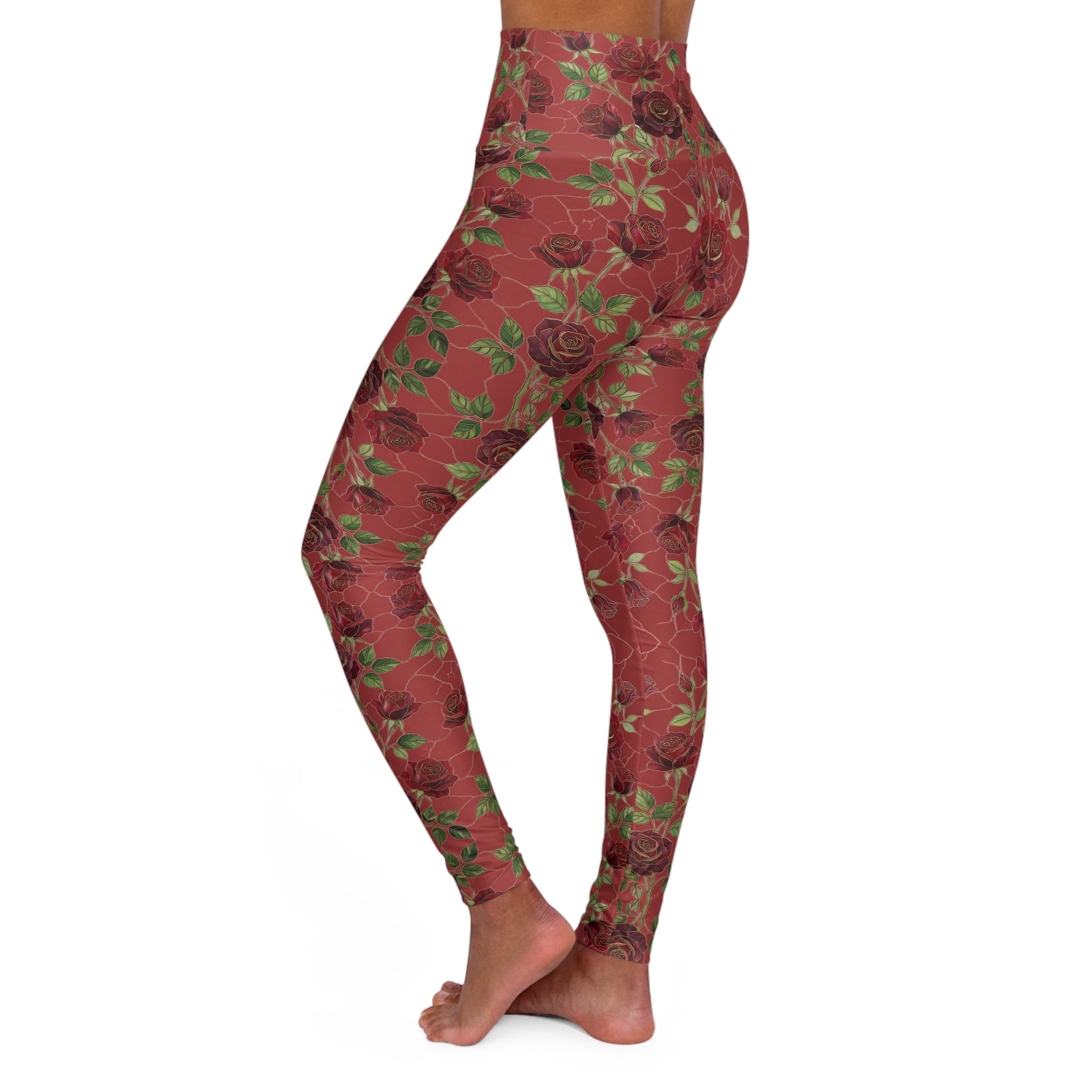 High-Waist Floral Yoga Leggings | Vintage Rose AOP | Deep Red