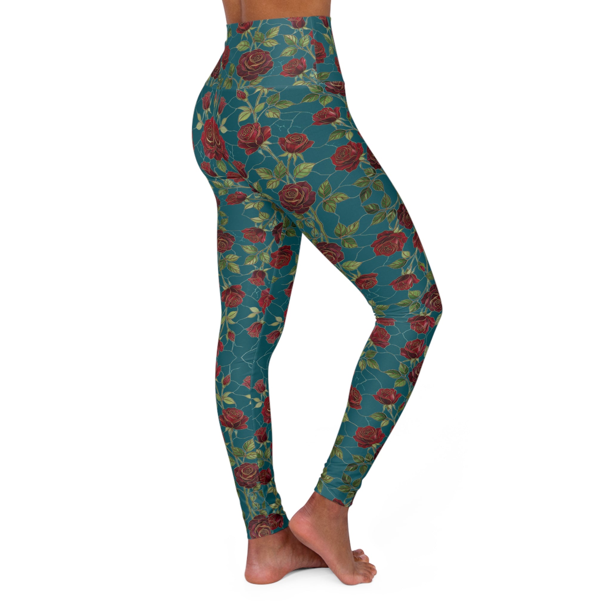 High-Waist Floral Yoga Leggings | Vintage Rose AOP | Transformative Teal