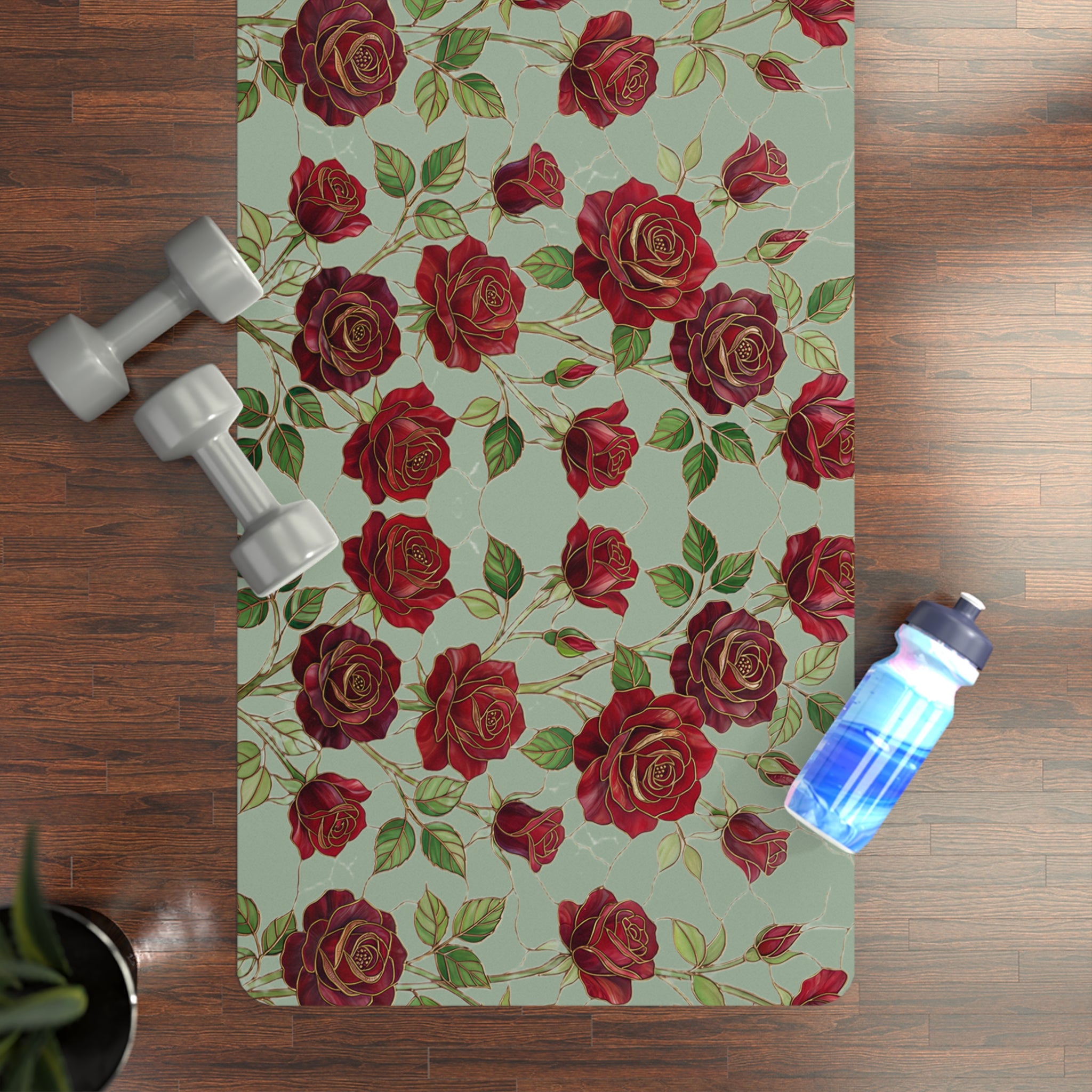 Floral Rose Rubber Yoga Mat | Non-Slip Garden-Inspired Exercise Mat | Sage Green
