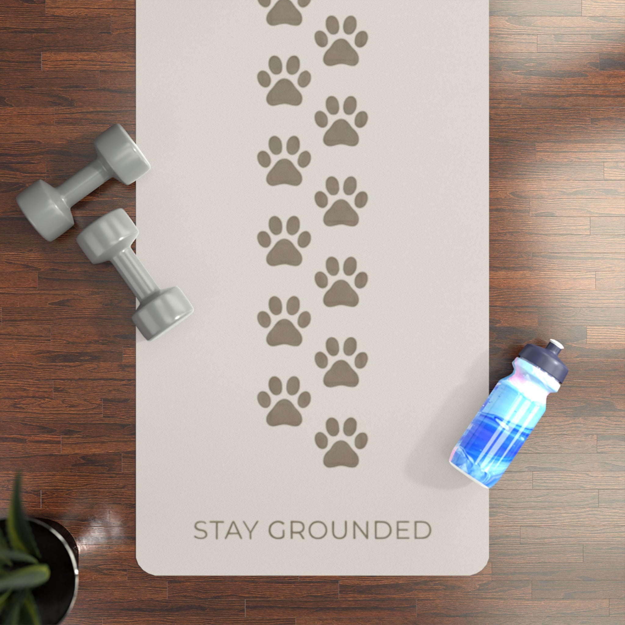 Rubber Yoga Mat — Paw Print Alignment Mat with “Stay Grounded” Phrase