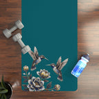 Floral Hummingbird Rubber Yoga Mat | Non-Slip Yoga Mat with Gold Accent | Transformative Teal