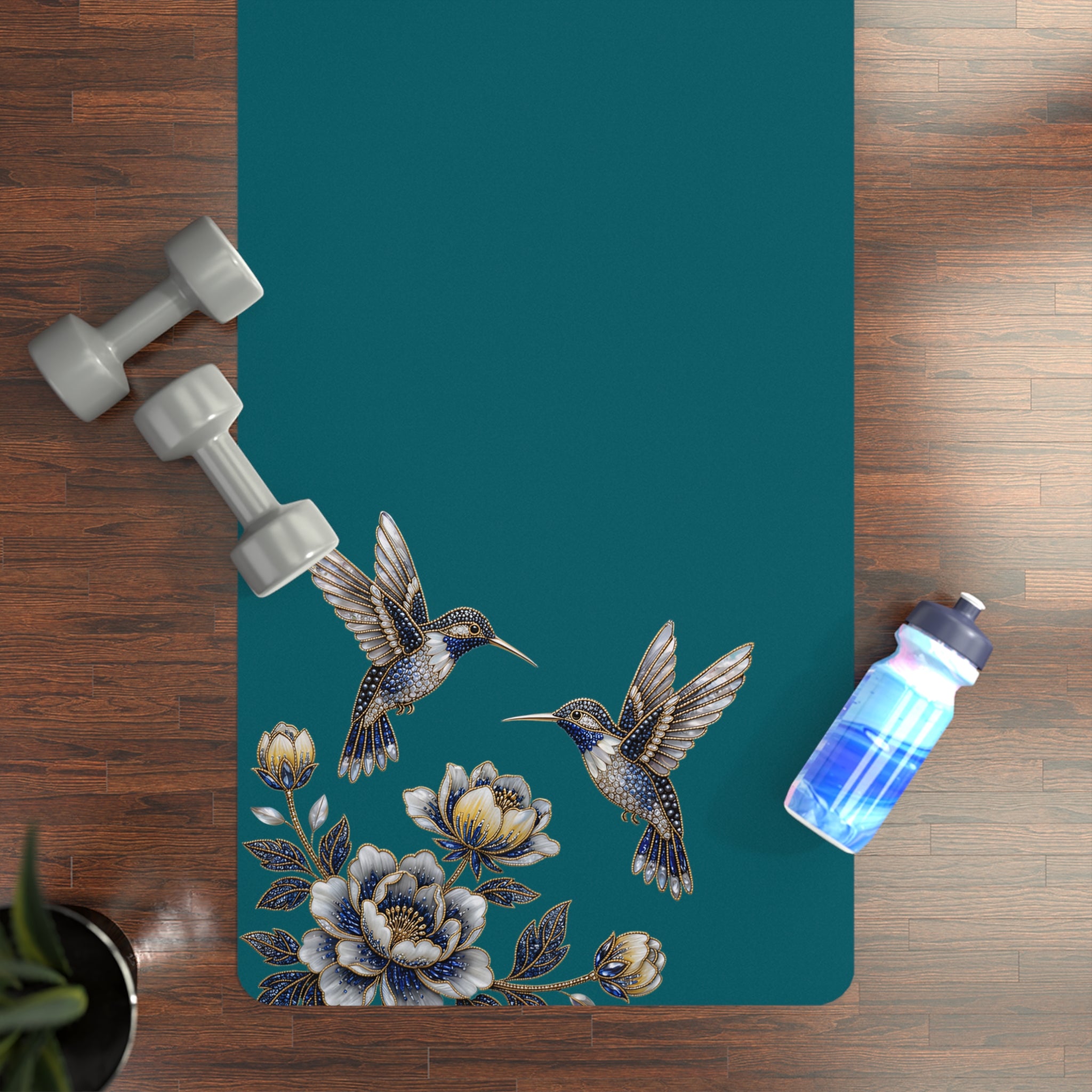 Floral Hummingbird Rubber Yoga Mat | Non-Slip Yoga Mat with Gold Accent | Transformative Teal