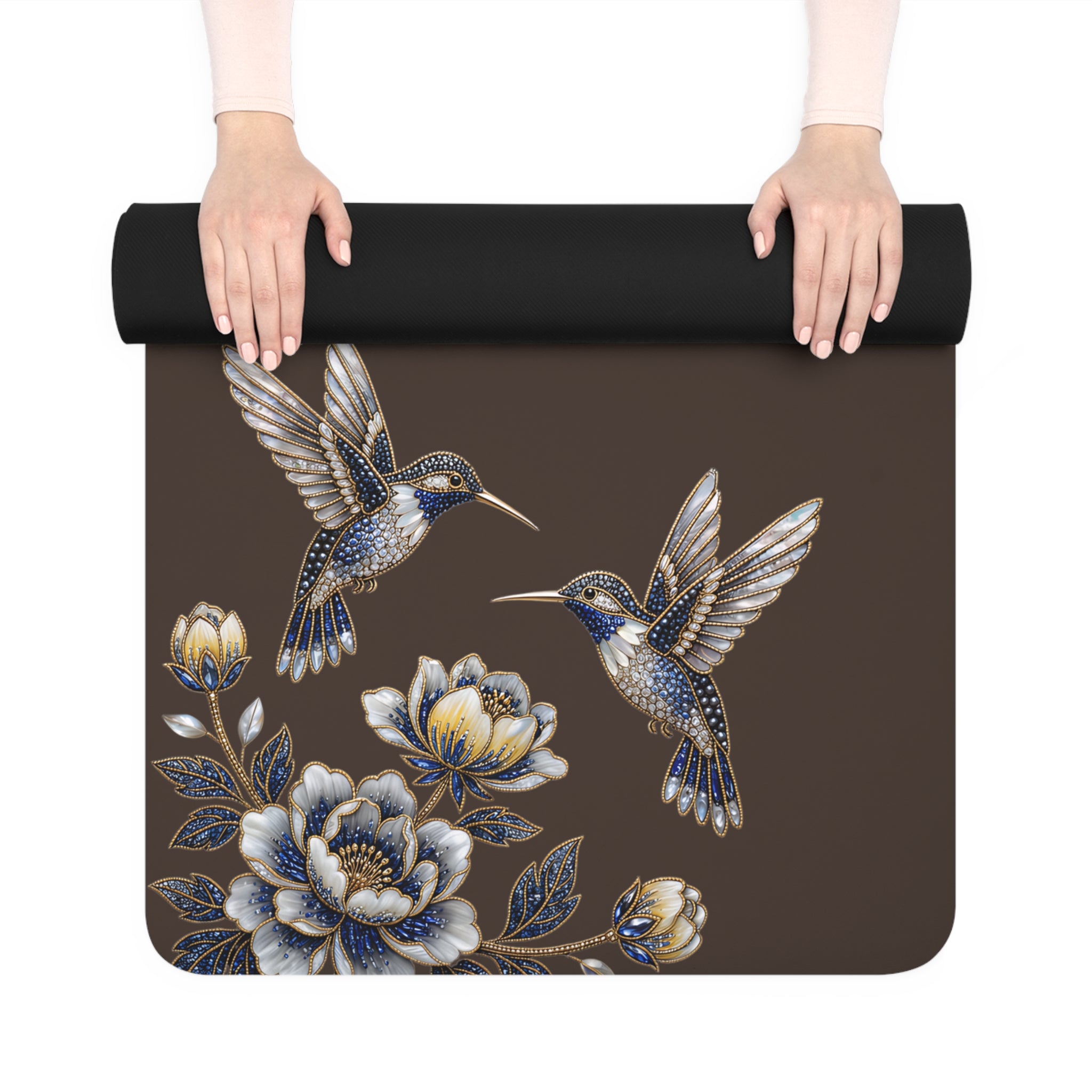 Floral Hummingbird Rubber Yoga Mat | Non-Slip Yoga Mat with Gold Accent | Espresso (Coffee Bean)