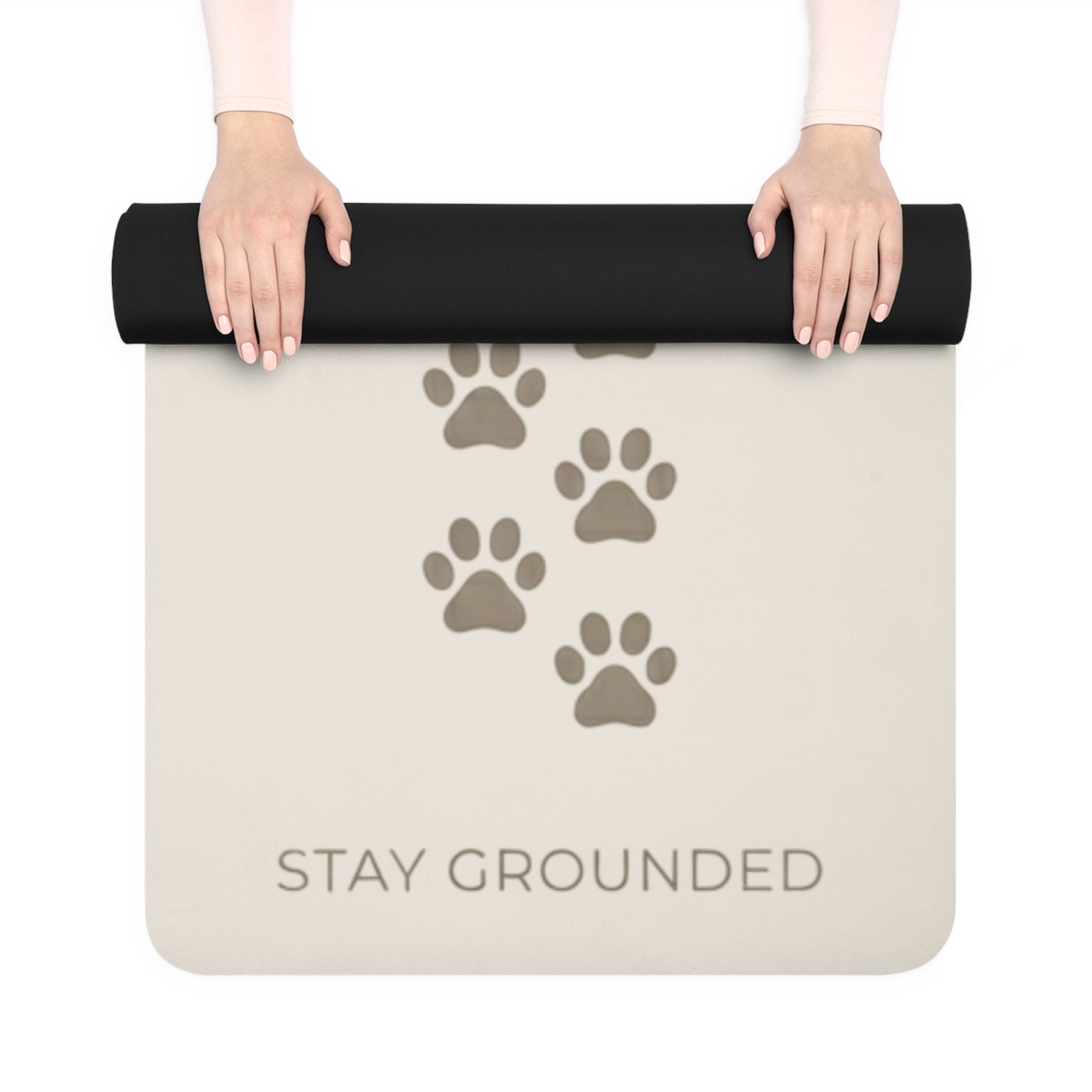 Rubber Yoga Mat — Paw Print Alignment Mat with “Stay Grounded” Phrase