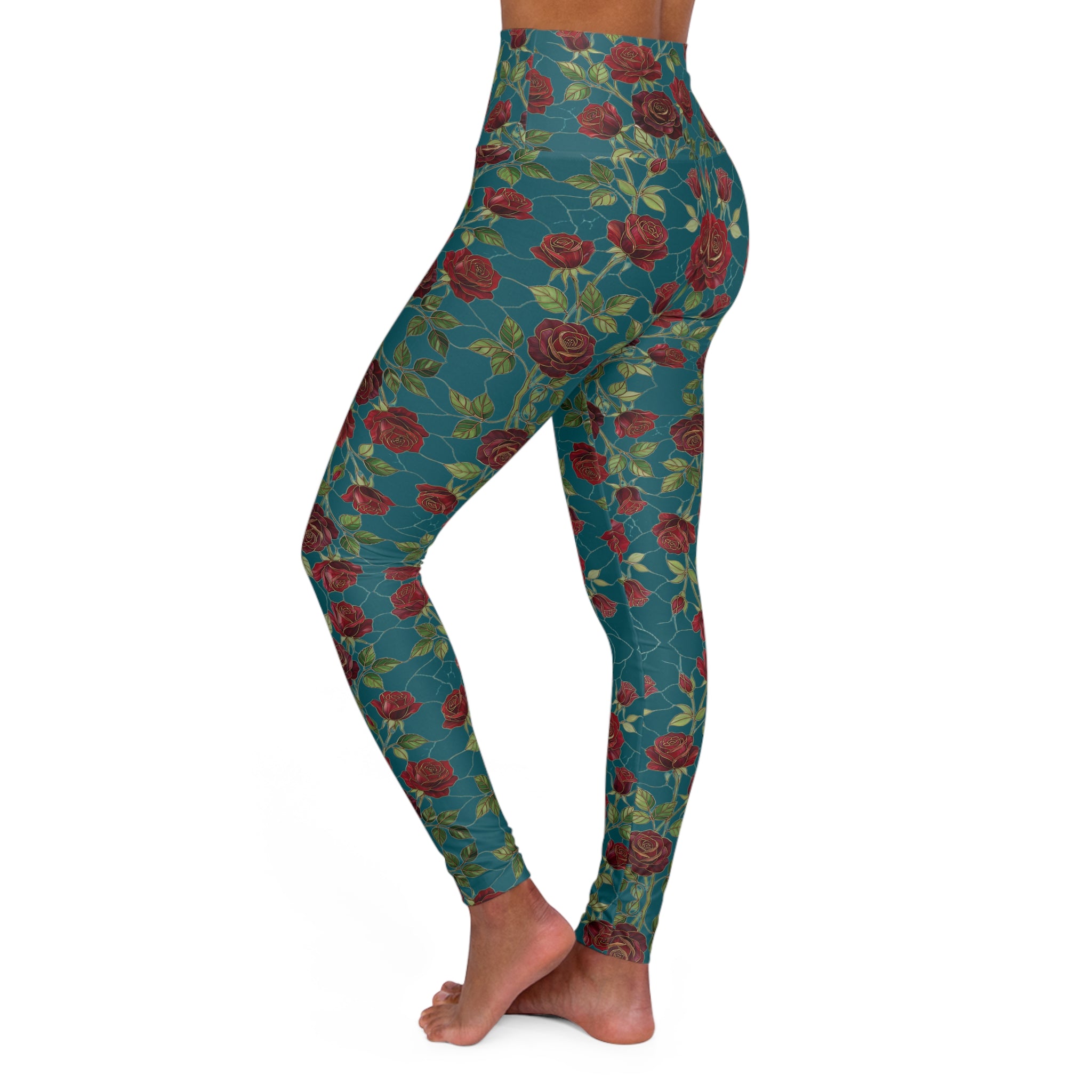 High-Waist Floral Yoga Leggings | Vintage Rose AOP | Transformative Teal