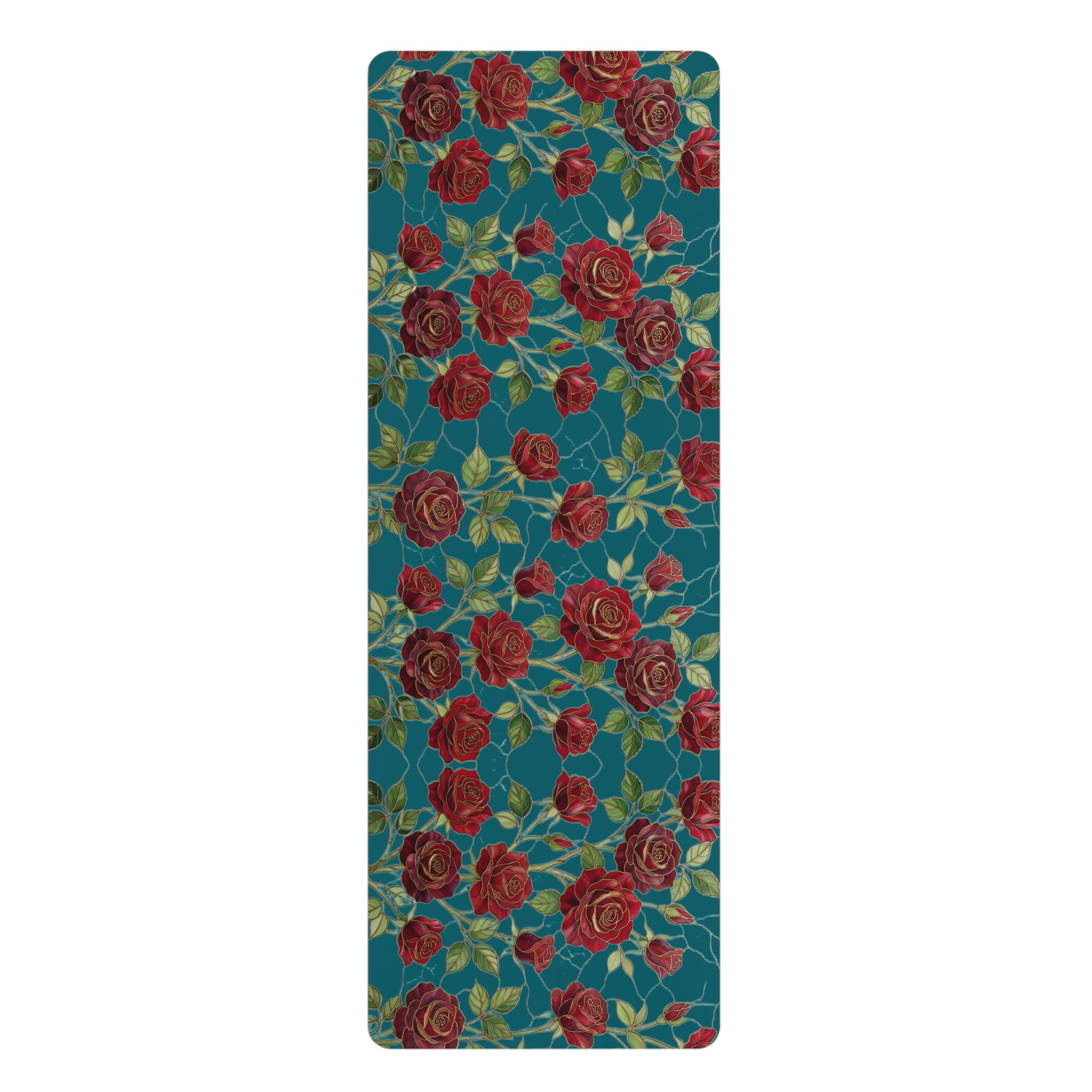 Floral Rose Rubber Yoga Mat | Non-Slip Garden-Inspired Exercise Mat | Transformative Teal