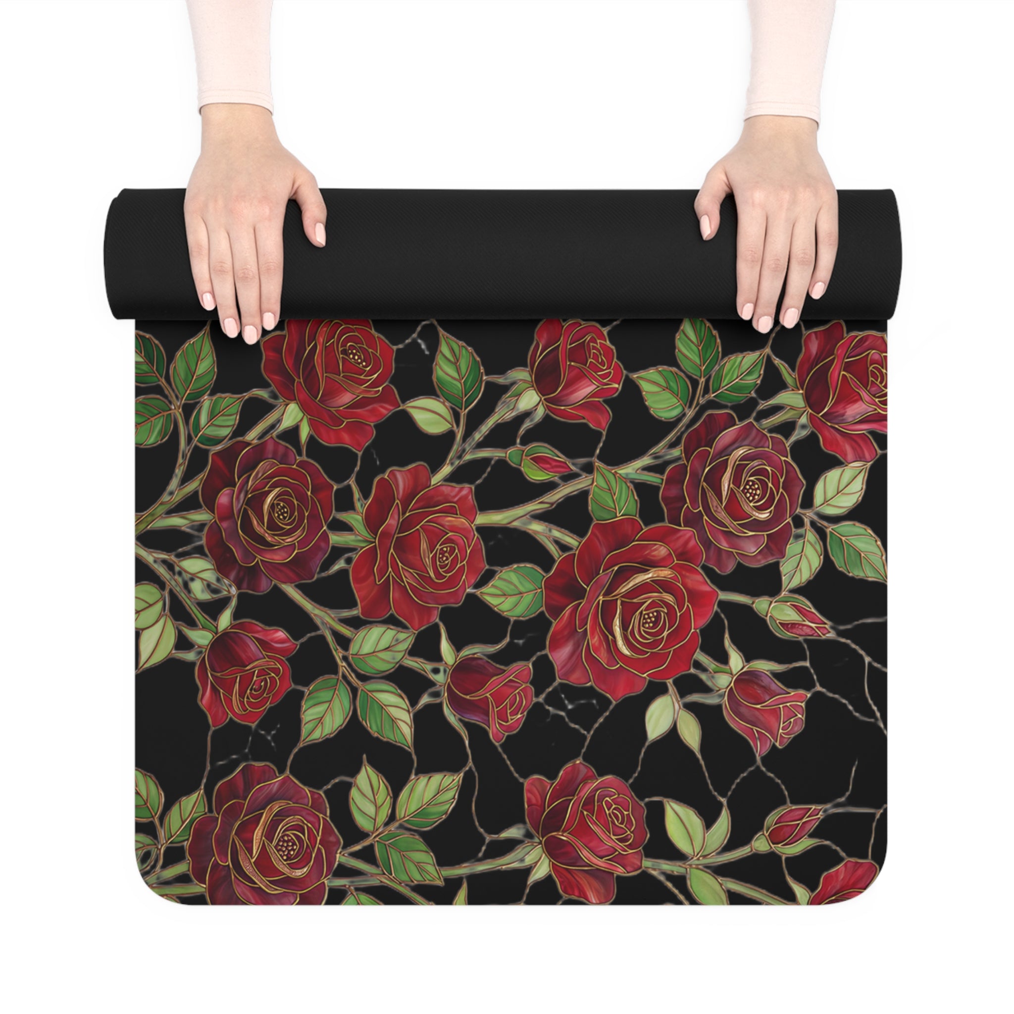 Floral Rose Rubber Yoga Mat | Non-Slip Garden-Inspired Exercise Mat | Black