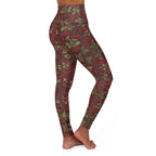 High-Waist Floral Yoga Leggings | Vintage Rose AOP | Dark Cherry (Oxblood)