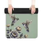 Floral Hummingbird Rubber Yoga Mat | Non-Slip Yoga Mat with Gold Accent | Sage Green