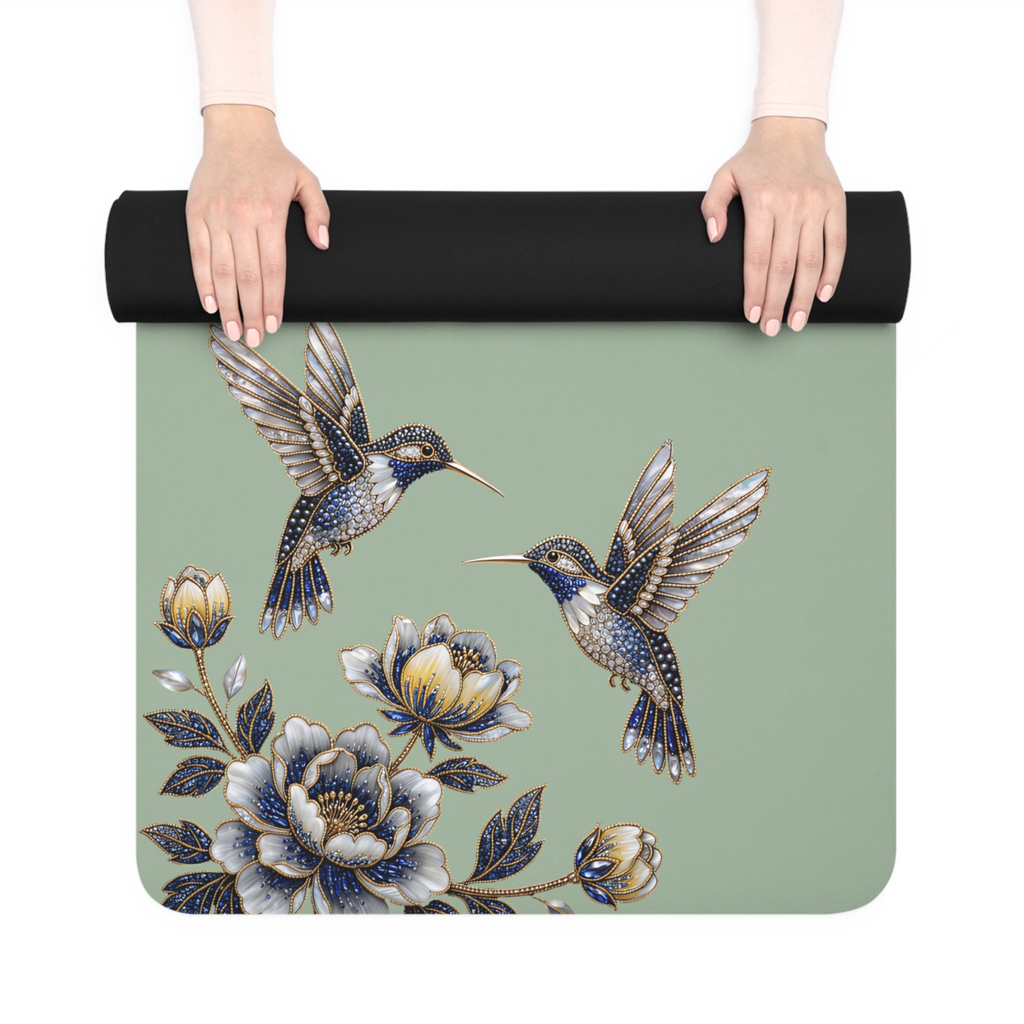 Floral Hummingbird Rubber Yoga Mat | Non-Slip Yoga Mat with Gold Accent | Sage Green