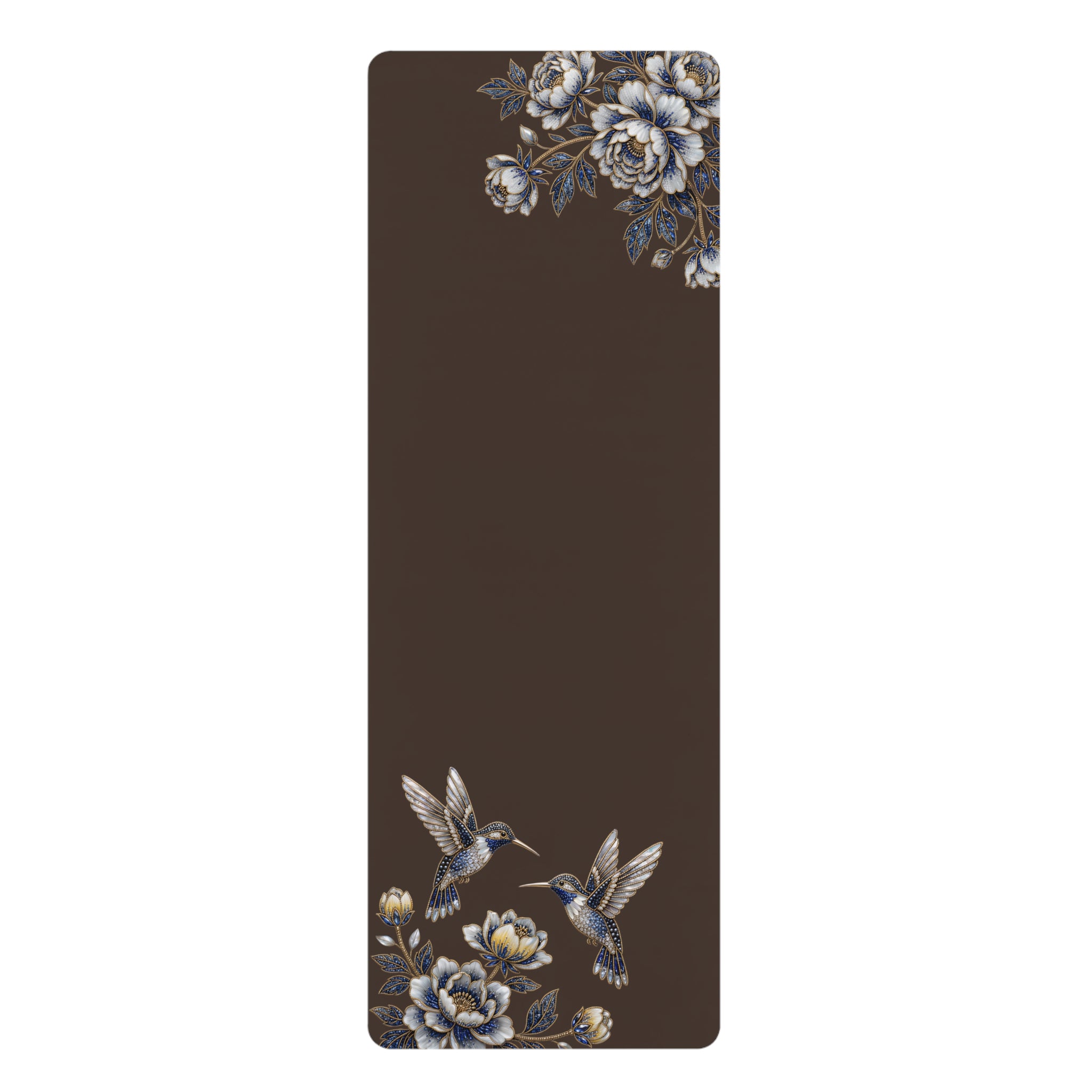 Floral Hummingbird Rubber Yoga Mat | Non-Slip Yoga Mat with Gold Accent | Espresso (Coffee Bean)