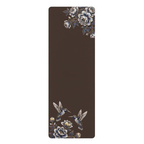 Floral Hummingbird Rubber Yoga Mat | Non-Slip Yoga Mat with Gold Accent | Espresso (Coffee Bean)
