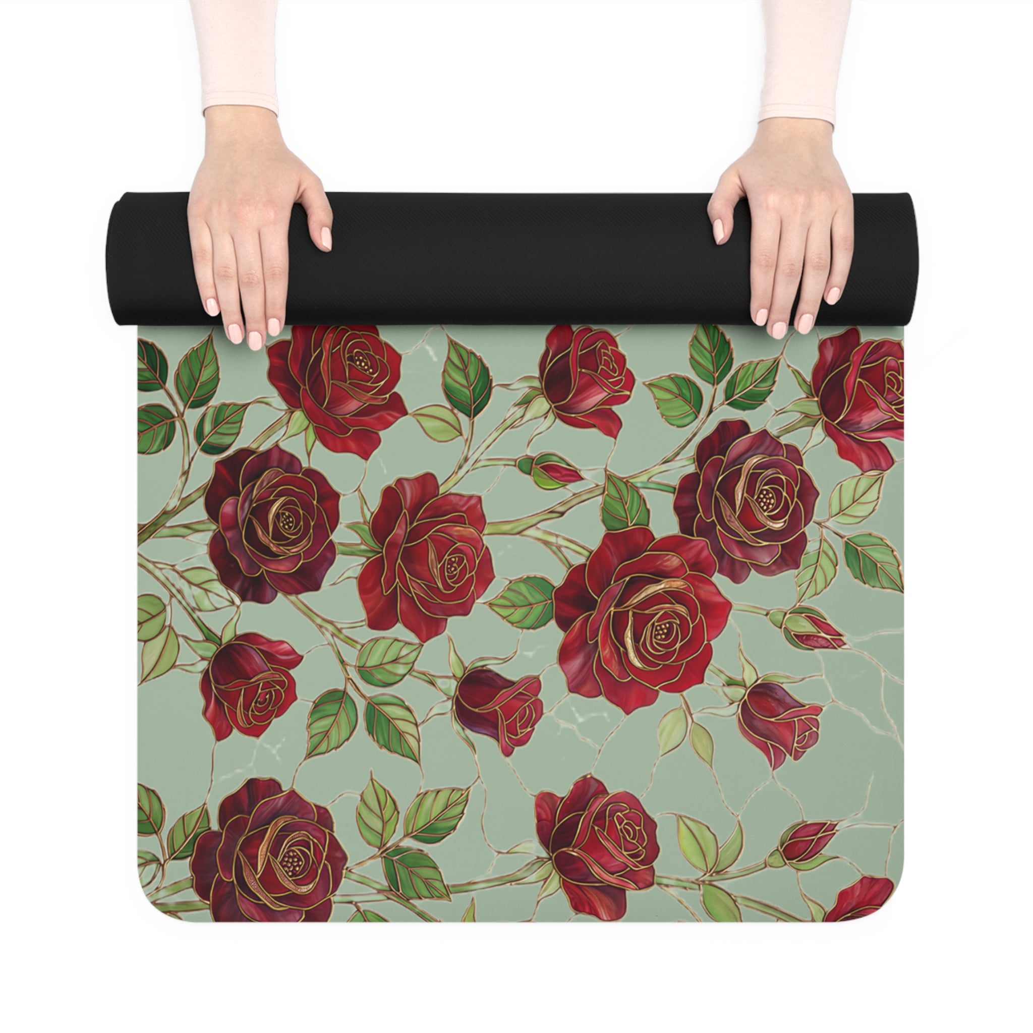 Floral Rose Rubber Yoga Mat | Non-Slip Garden-Inspired Exercise Mat | Sage Green
