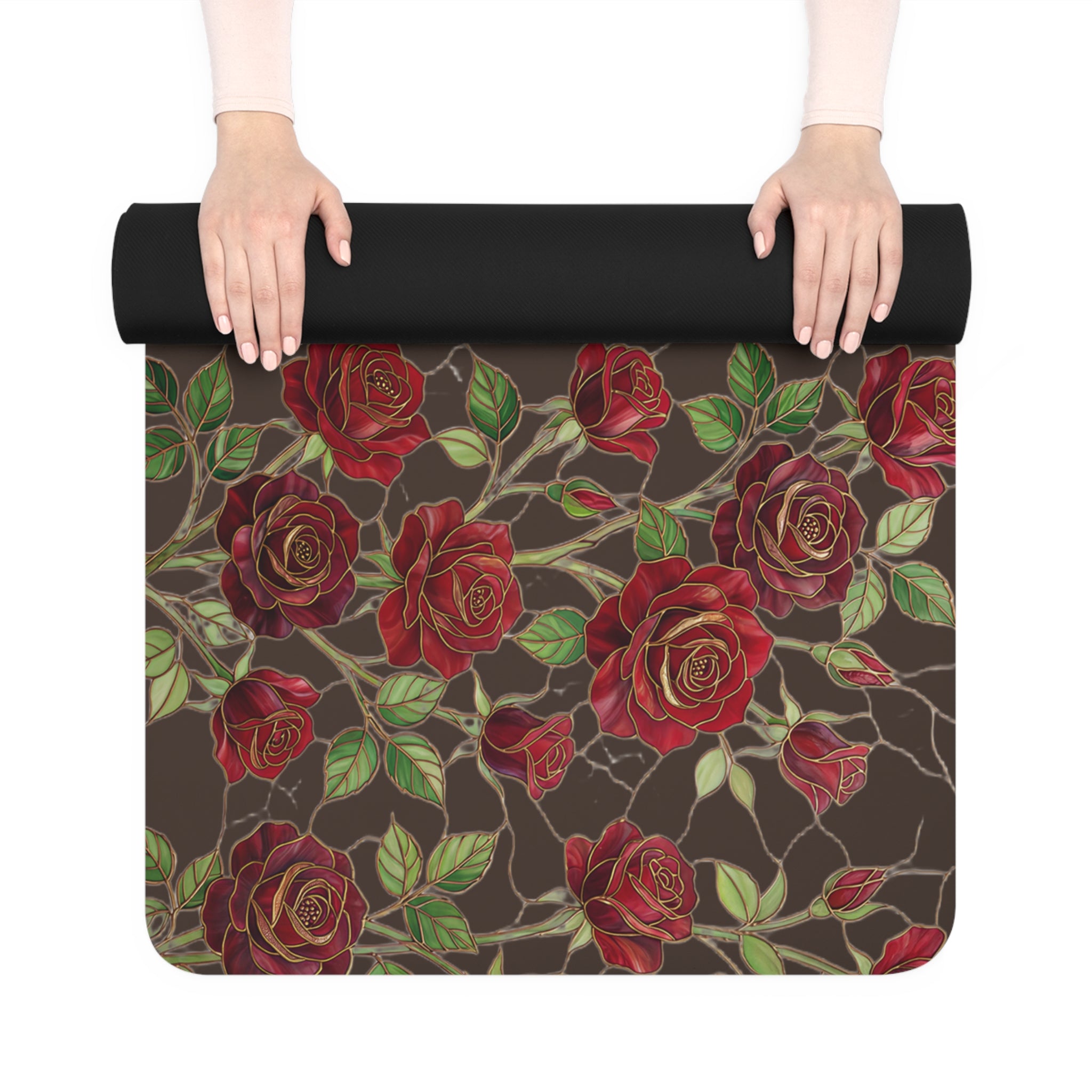Floral Rose Rubber Yoga Mat | Non-Slip Garden-Inspired Exercise Mat | Espresso (Coffee Bean)
