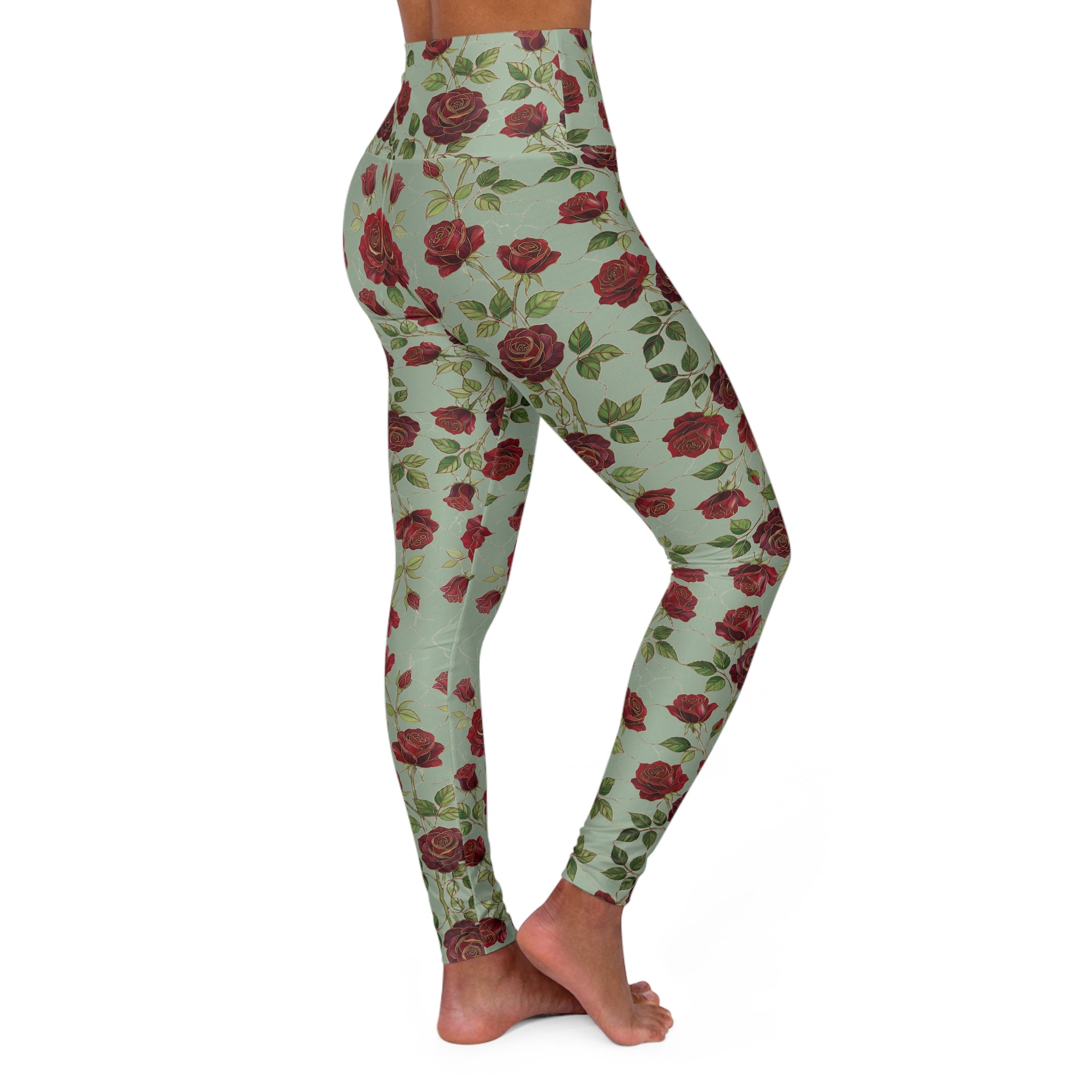High-Waist Floral Yoga Leggings | Vintage Rose AOP | Sage Green