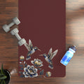 Floral Hummingbird Rubber Yoga Mat | Non-Slip Yoga Mat with Gold Accent | Dark Cherry (Oxblood)