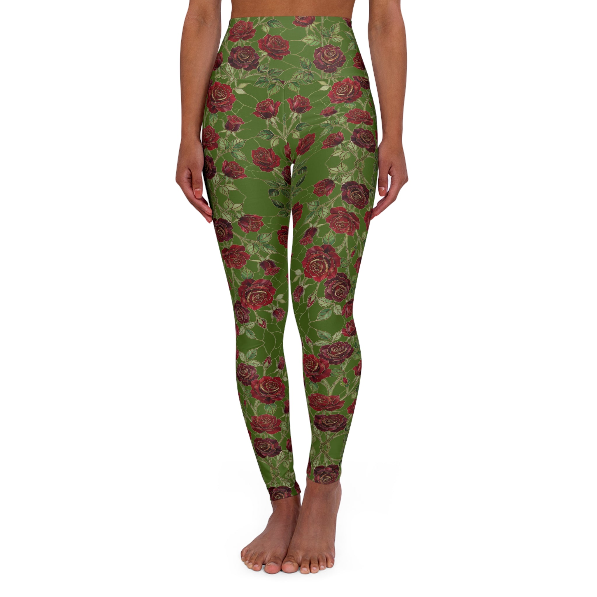 High-Waist Floral Yoga Leggings | Vintage Rose AOP | Deep Olive