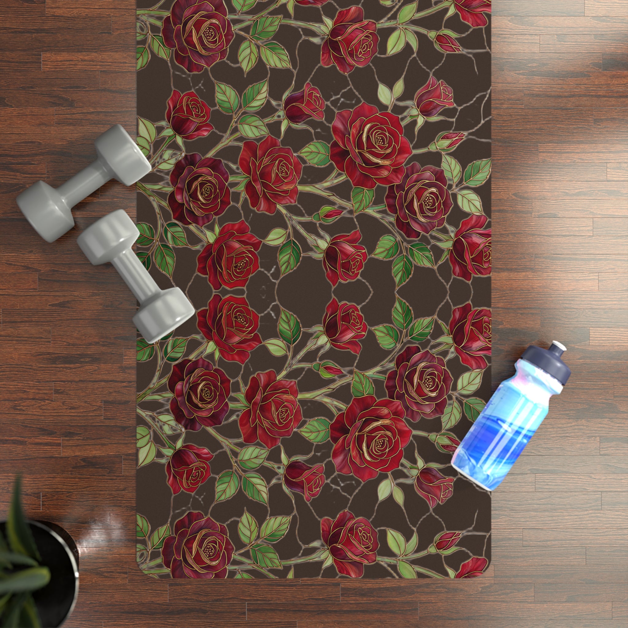 Floral Rose Rubber Yoga Mat | Non-Slip Garden-Inspired Exercise Mat | Espresso (Coffee Bean)