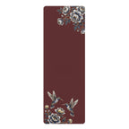 Floral Hummingbird Rubber Yoga Mat | Non-Slip Yoga Mat with Gold Accent | Dark Cherry (Oxblood)