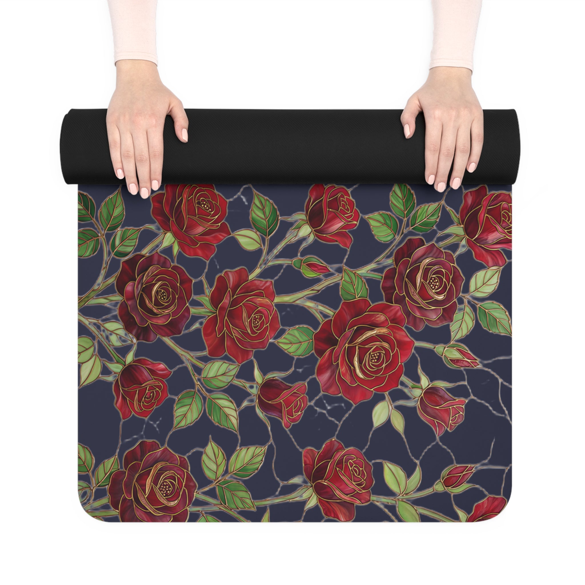 Floral Rose Rubber Yoga Mat | Non-Slip Garden-Inspired Exercise Mat | Midnight Navy