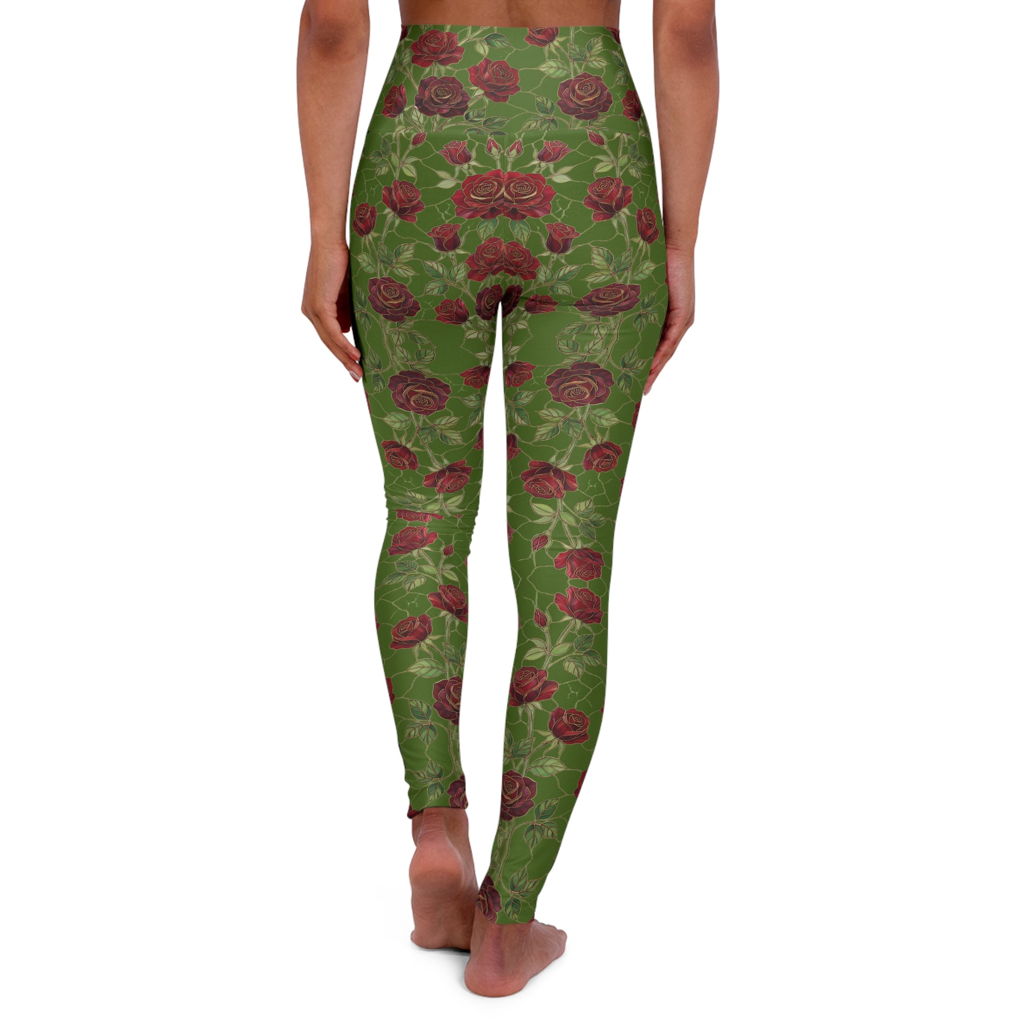 High-Waist Floral Yoga Leggings | Vintage Rose AOP | Deep Olive