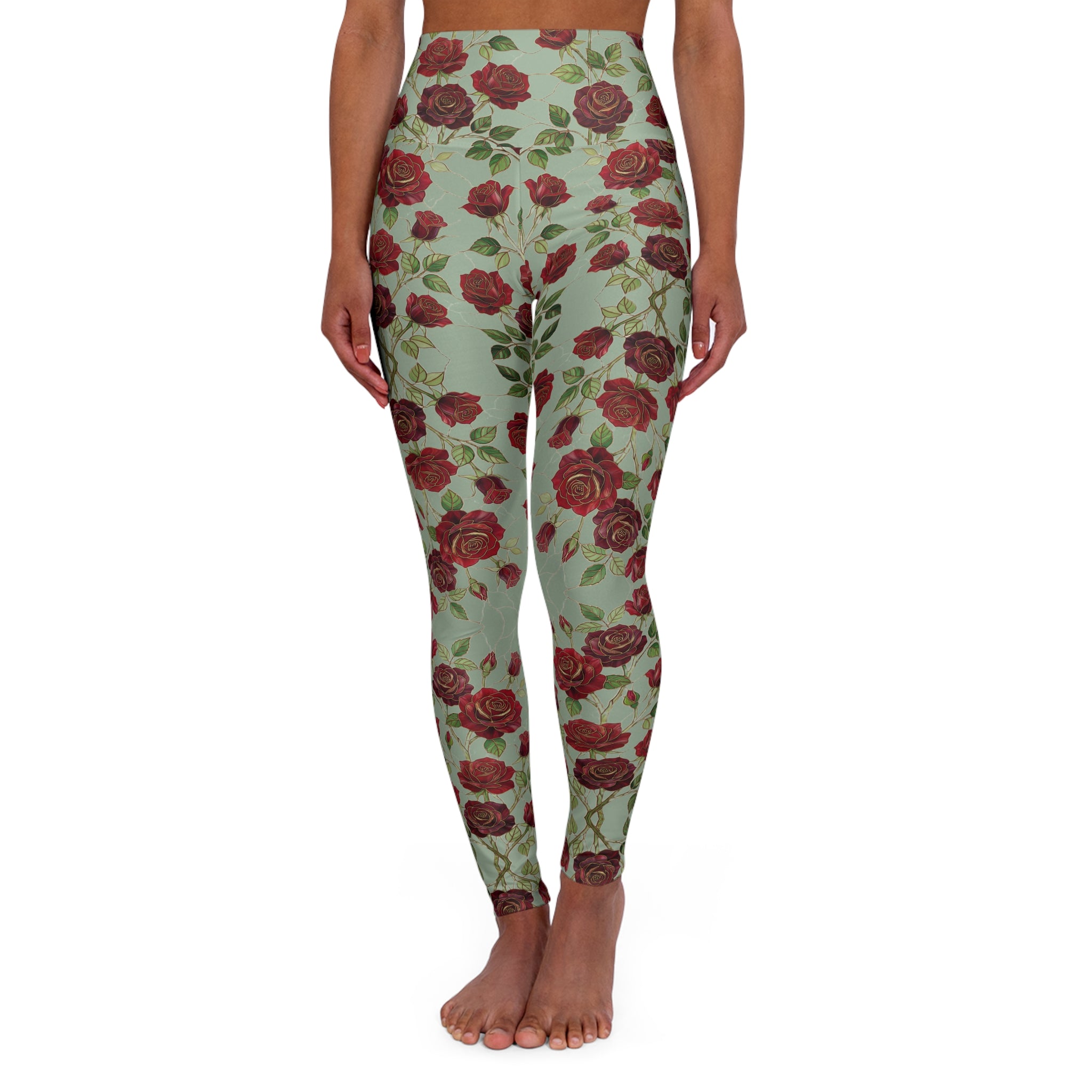 High-Waist Floral Yoga Leggings | Vintage Rose AOP | Sage Green