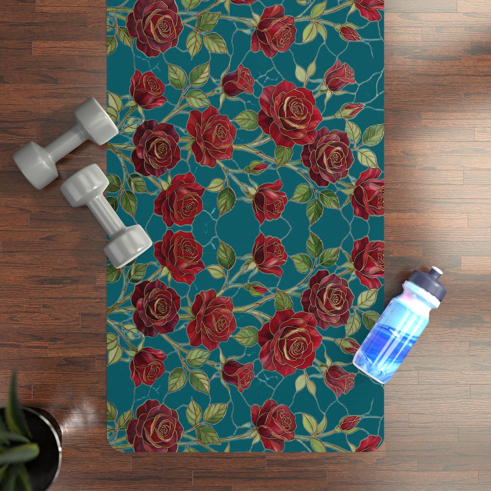 Floral Rose Rubber Yoga Mat | Non-Slip Garden-Inspired Exercise Mat | Transformative Teal
