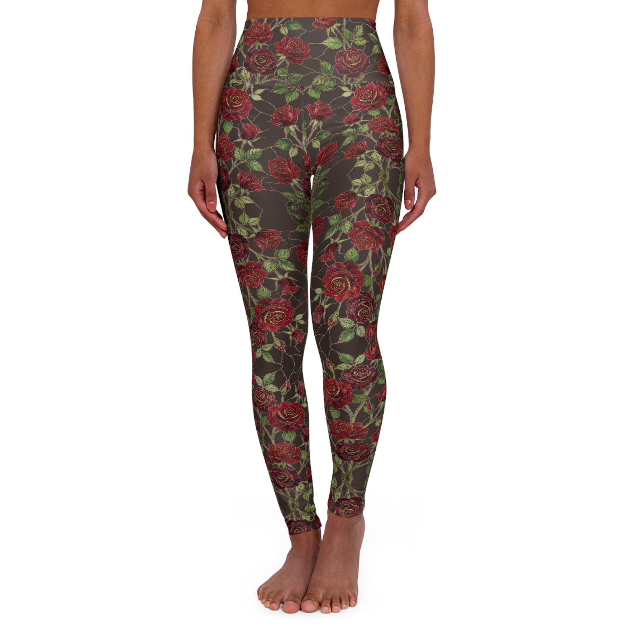 High-Waist Floral Yoga Leggings | Vintage Rose AOP | Espresso (Coffee Bean)