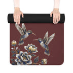 Floral Hummingbird Rubber Yoga Mat | Non-Slip Yoga Mat with Gold Accent | Dark Cherry (Oxblood)