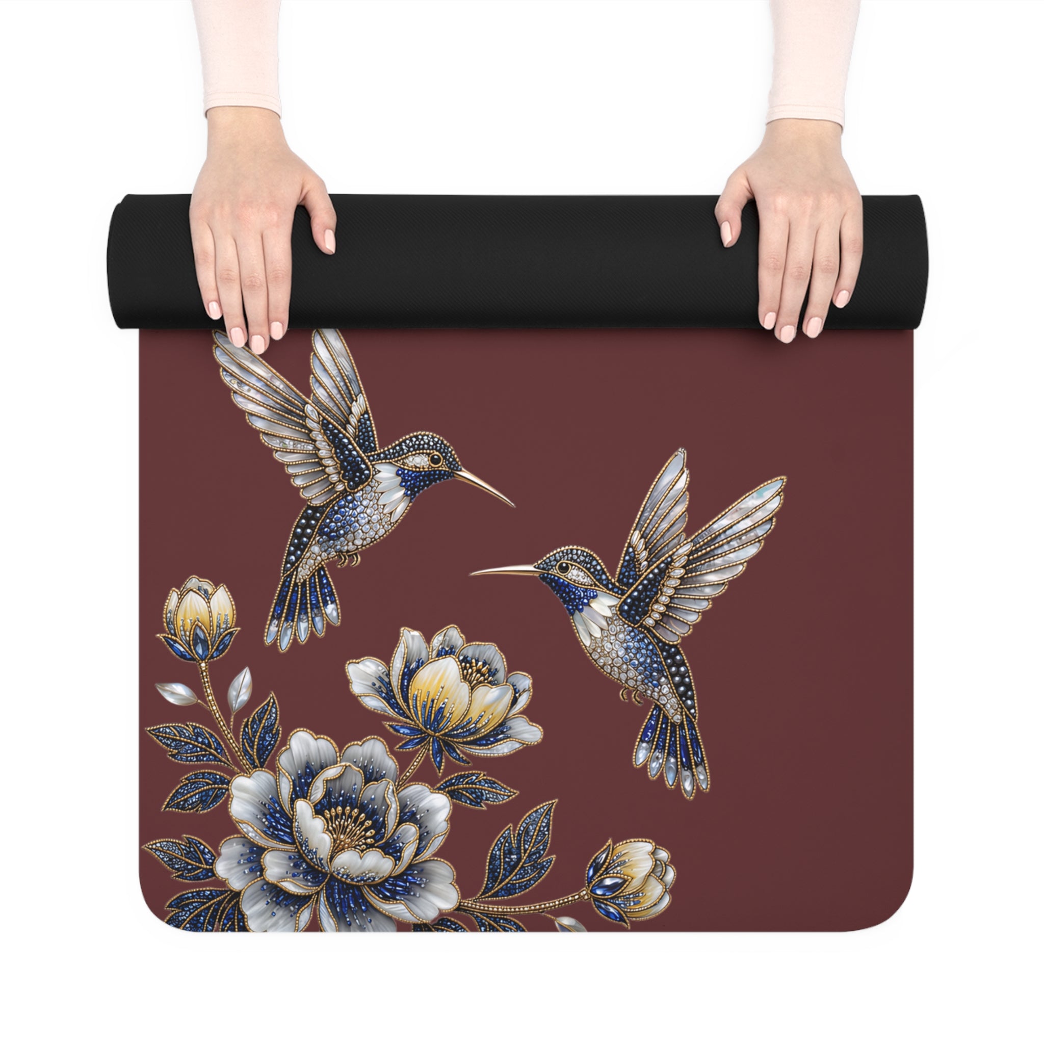 Floral Hummingbird Rubber Yoga Mat | Non-Slip Yoga Mat with Gold Accent | Dark Cherry (Oxblood)