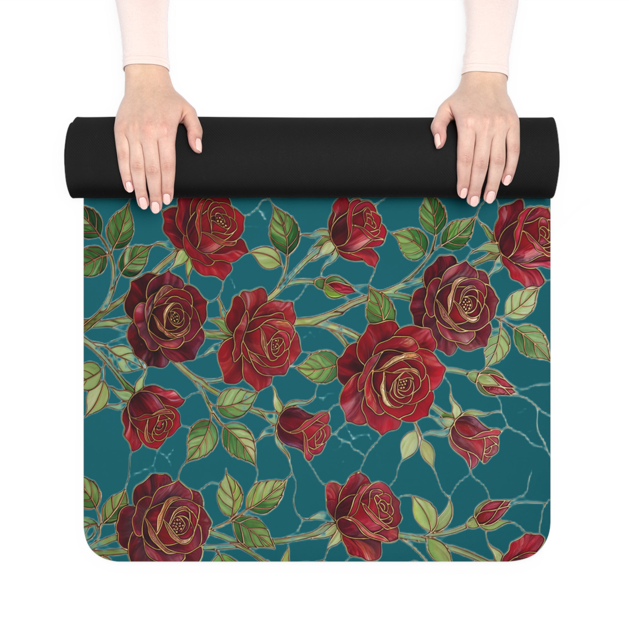 Floral Rose Rubber Yoga Mat | Non-Slip Garden-Inspired Exercise Mat | Transformative Teal