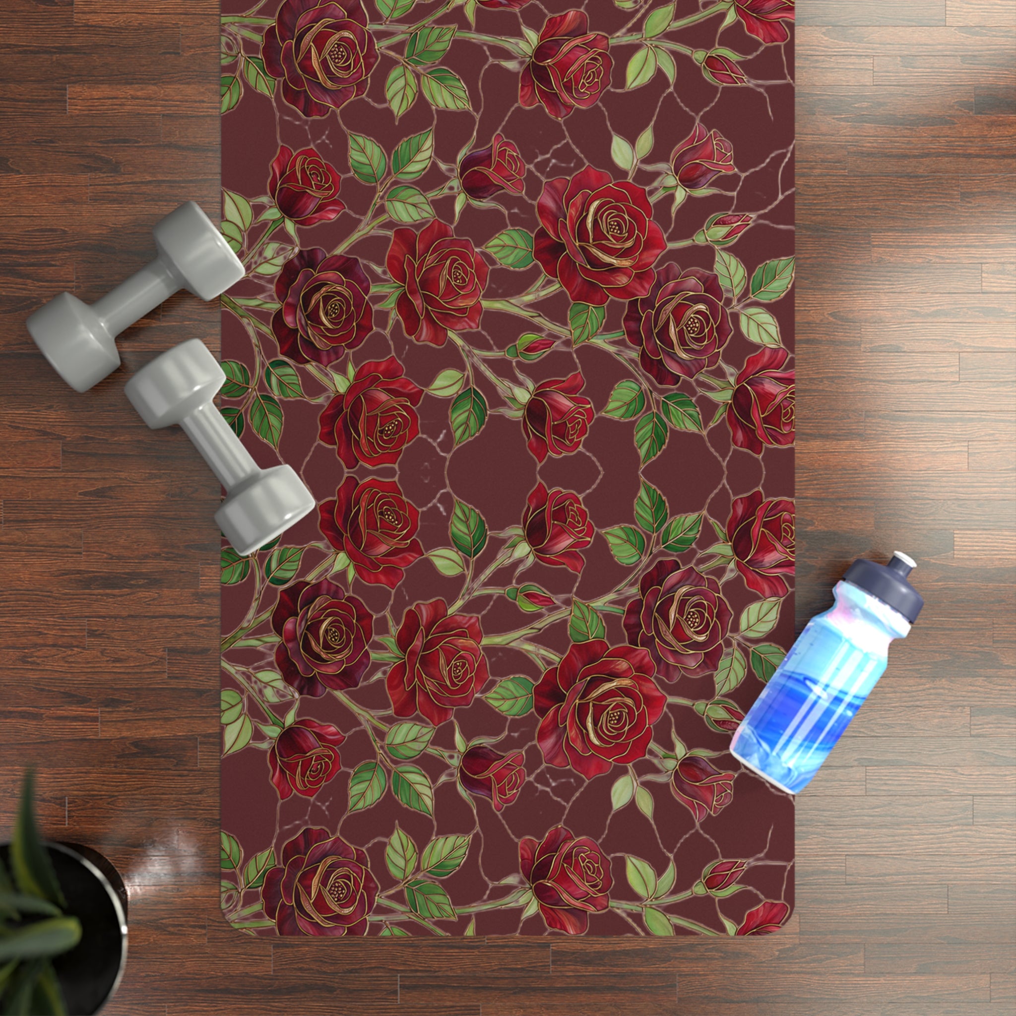 Floral Rose Rubber Yoga Mat | Non-Slip Garden-Inspired Exercise Mat | Dark Cherry (Oxblood)