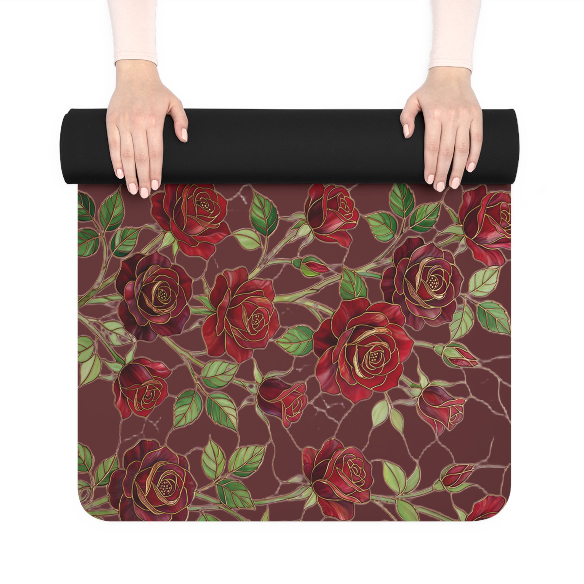 Floral Rose Rubber Yoga Mat | Non-Slip Garden-Inspired Exercise Mat | Dark Cherry (Oxblood)