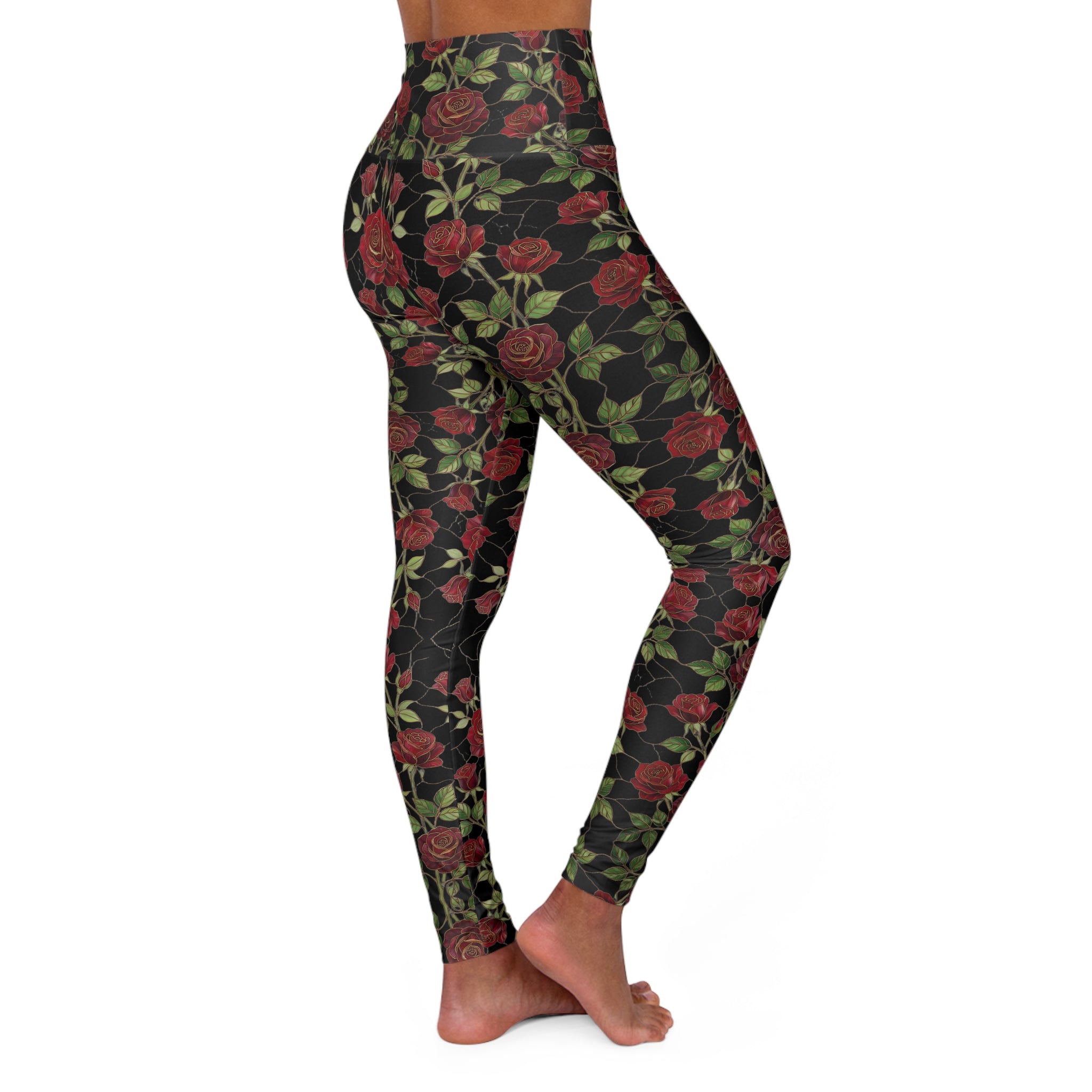 High-Waist Floral Yoga Leggings | Vintage Rose AOP | Black