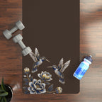 Floral Hummingbird Rubber Yoga Mat | Non-Slip Yoga Mat with Gold Accent | Espresso (Coffee Bean)