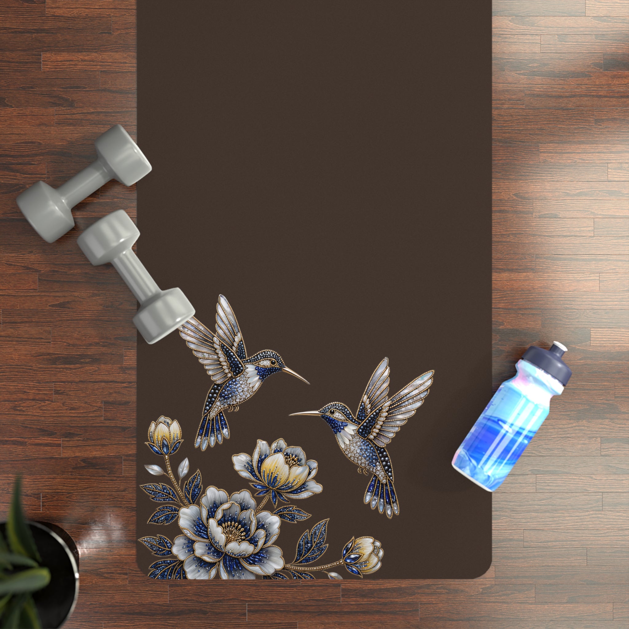 Floral Hummingbird Rubber Yoga Mat | Non-Slip Yoga Mat with Gold Accent | Espresso (Coffee Bean)